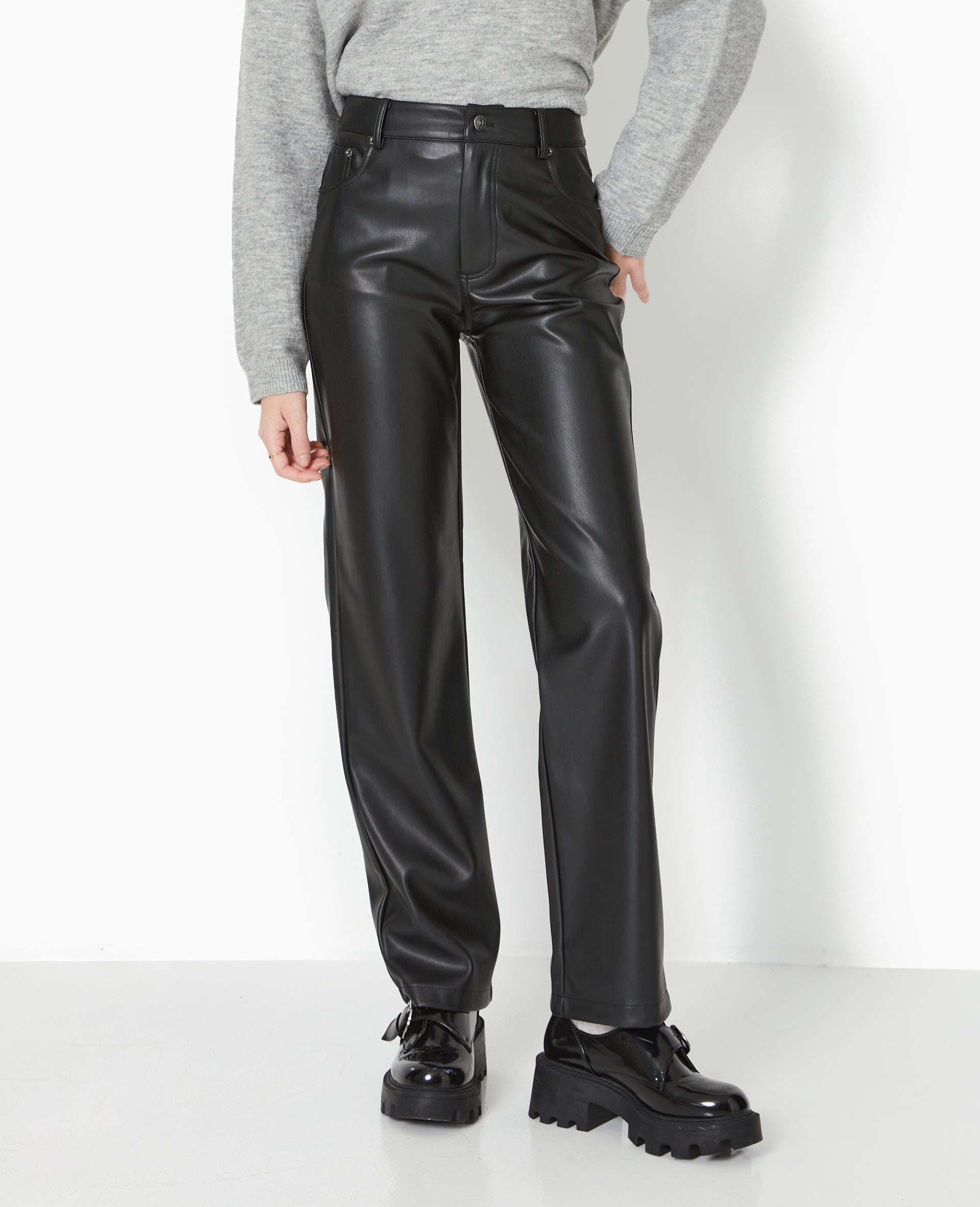 Pantalon droit taille haute en simili cuir