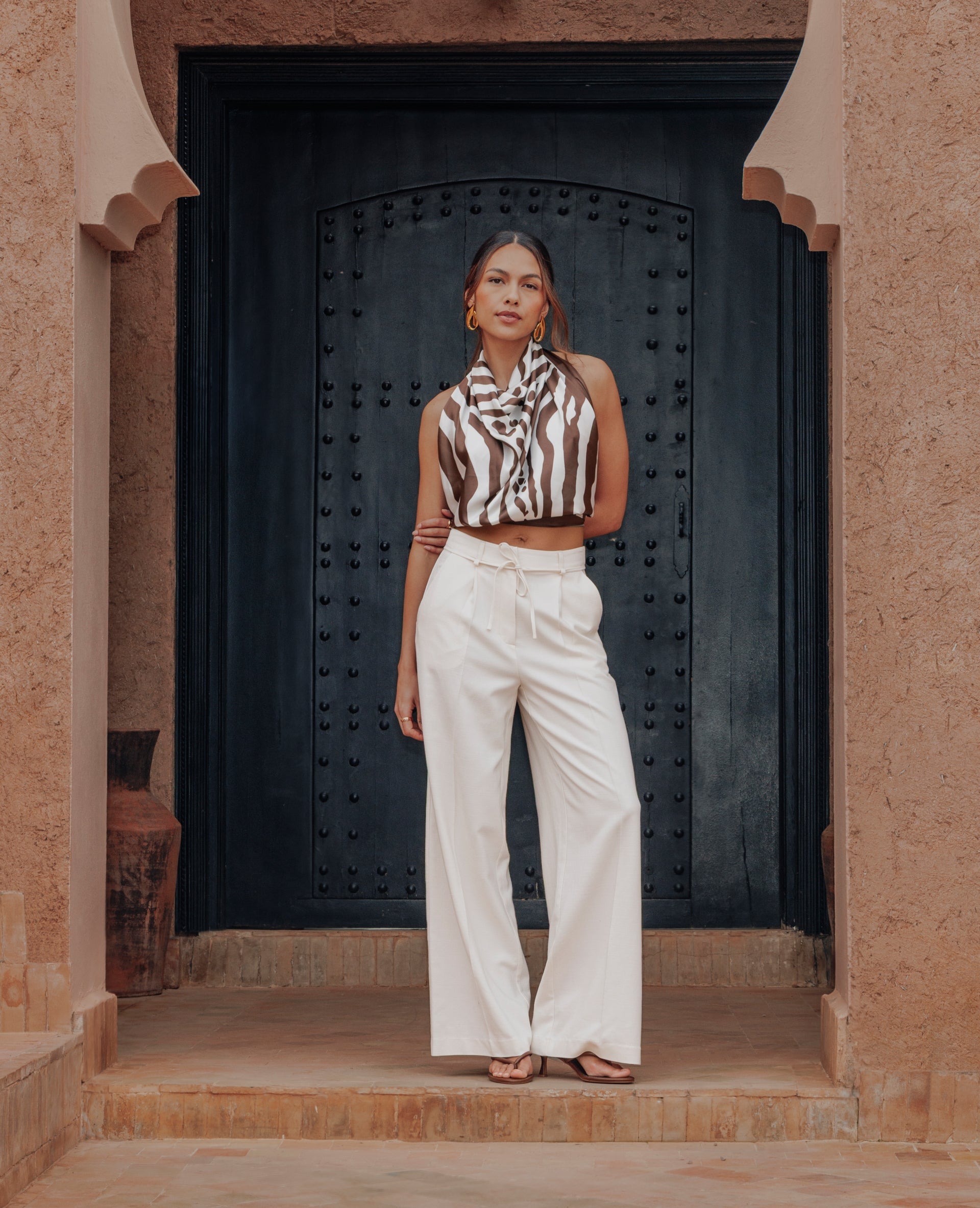 Pantalon droit en tissu effet lin