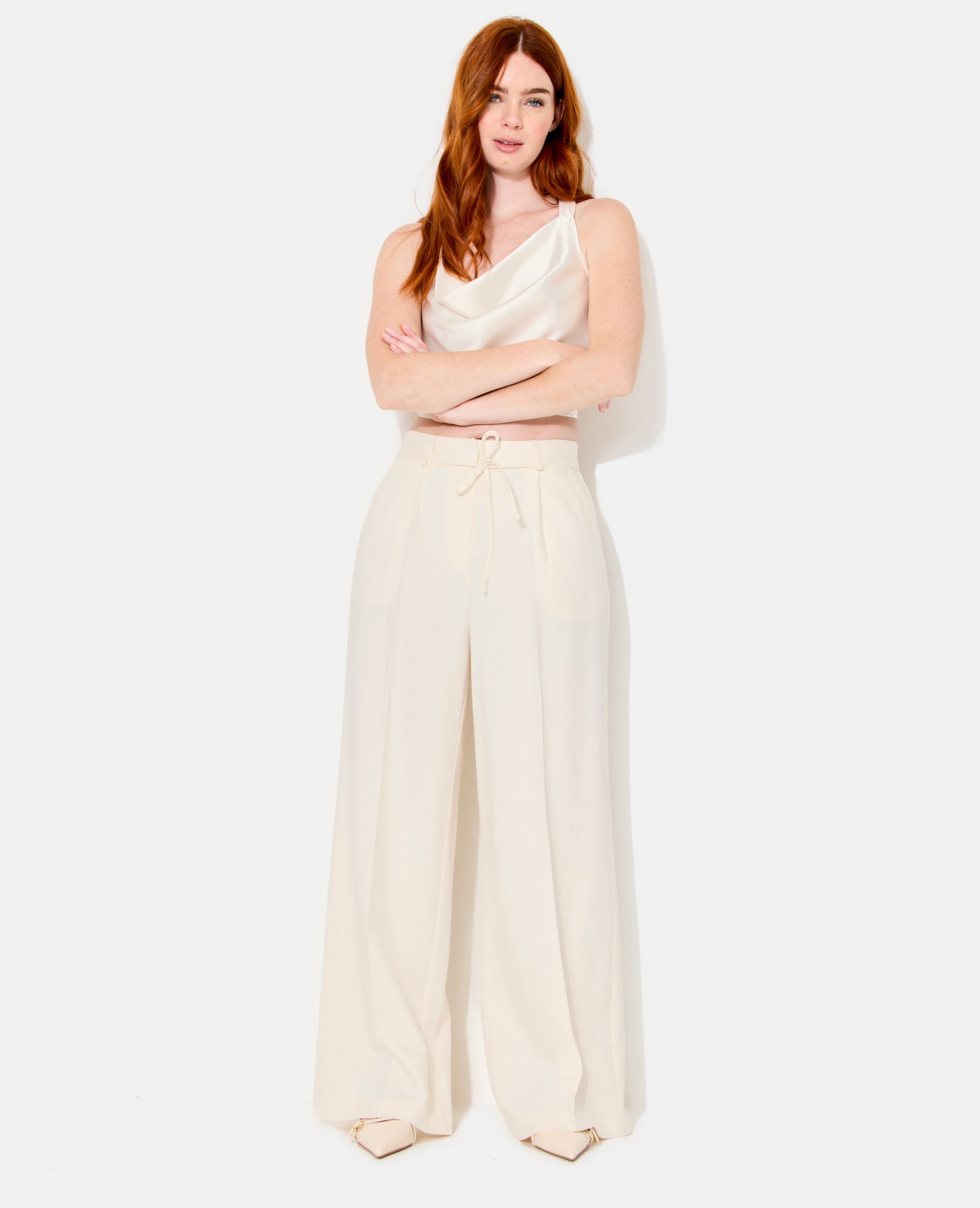 Pantalon droit en tissu effet lin
