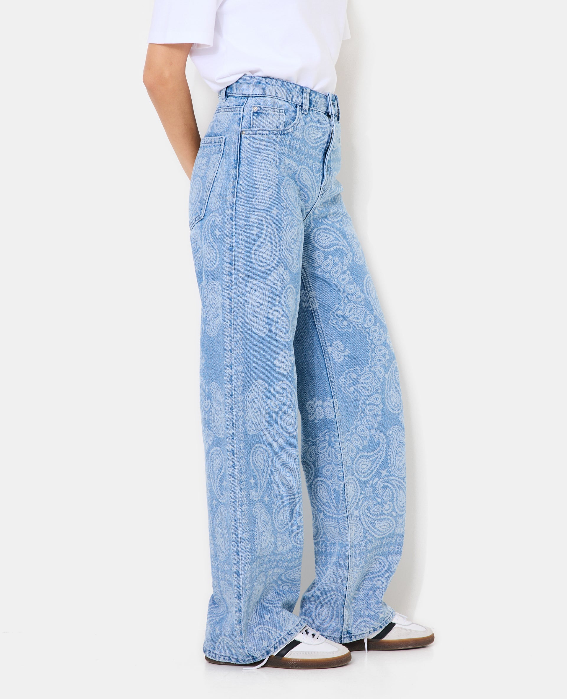Jean wide taille haute motifs cachemire