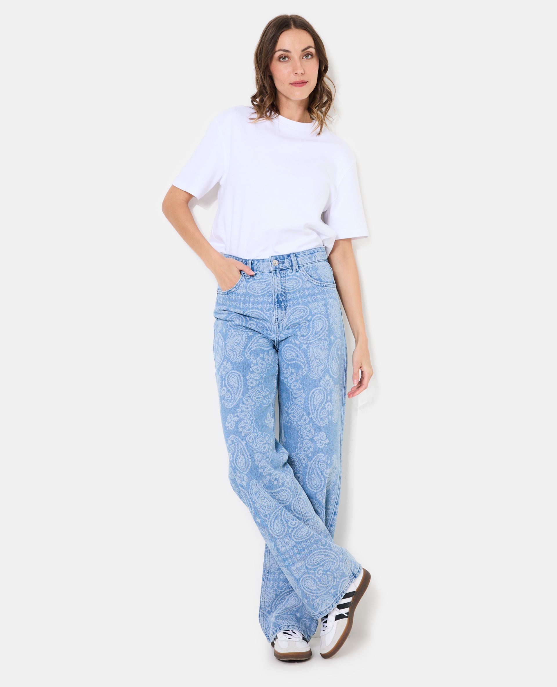 Jean wide taille haute motifs cachemire