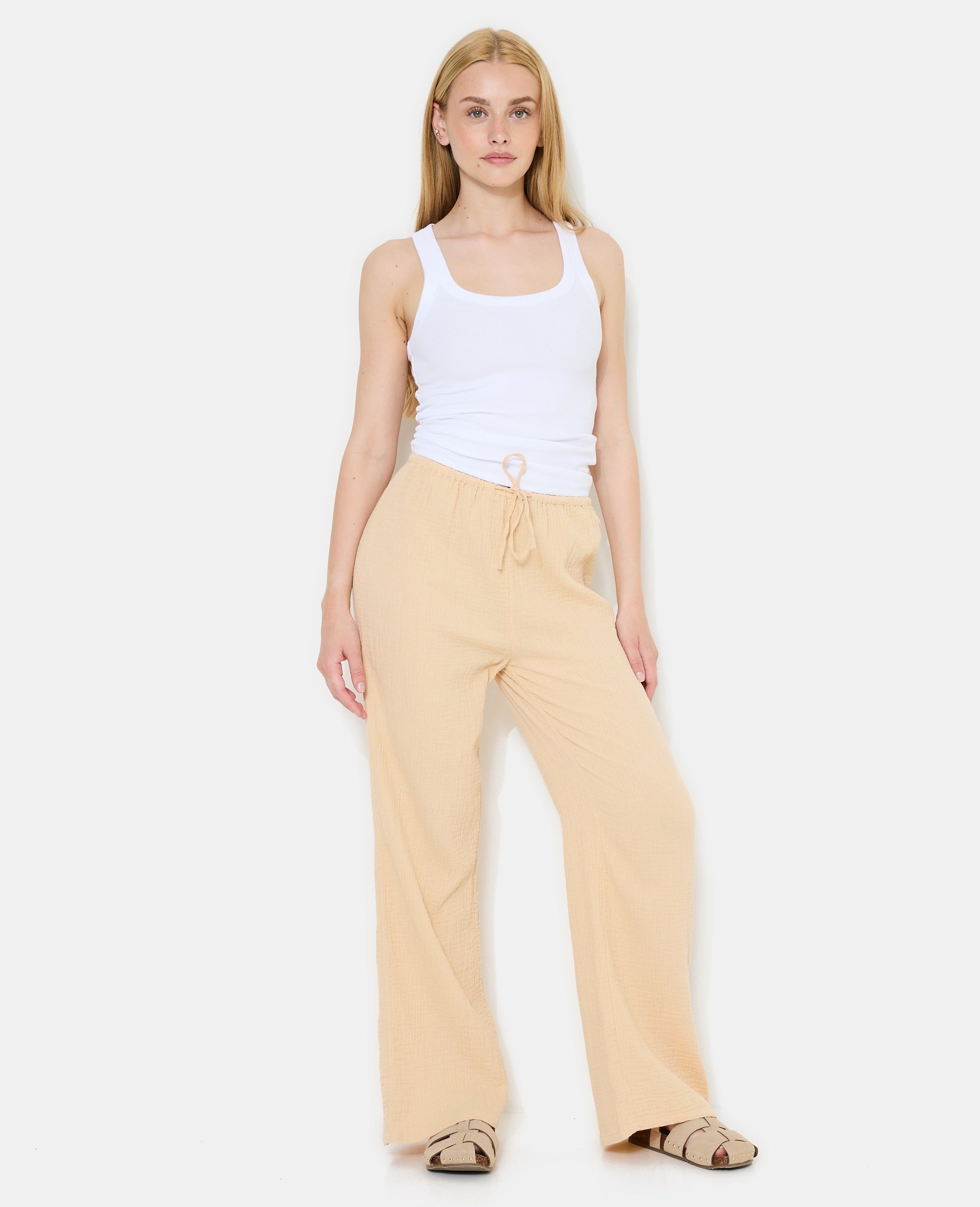Pantalon en gaze de coton taille élastiquée
