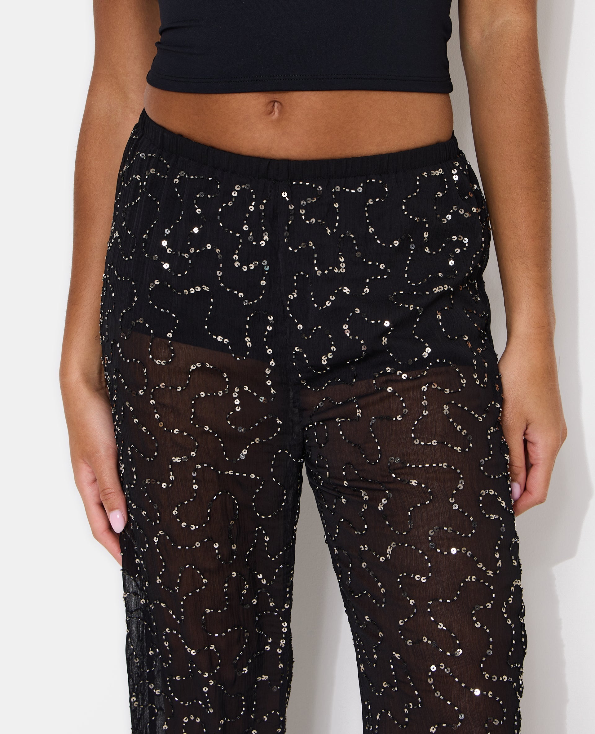 Pantalon flare en voile avec sequins et perles