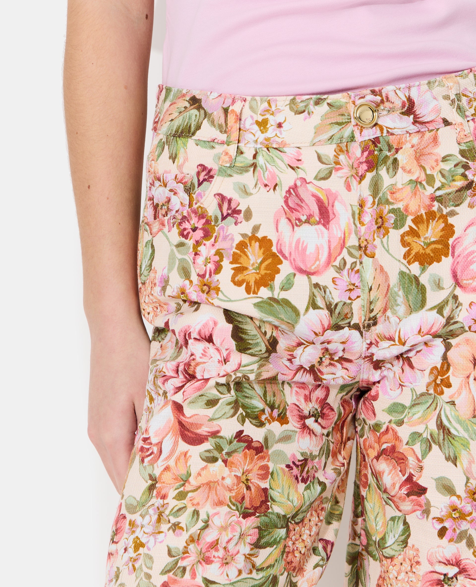 Pantalon droit motif fleurs façon tapisserie