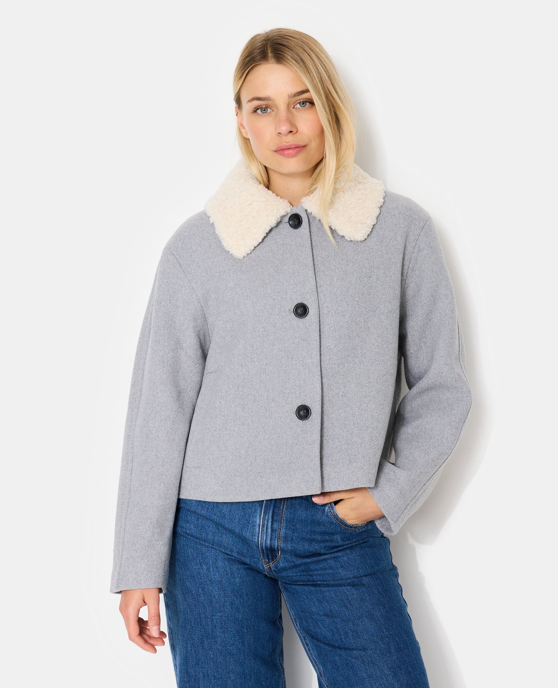 Blouson façon drap de laine avec col sherpa