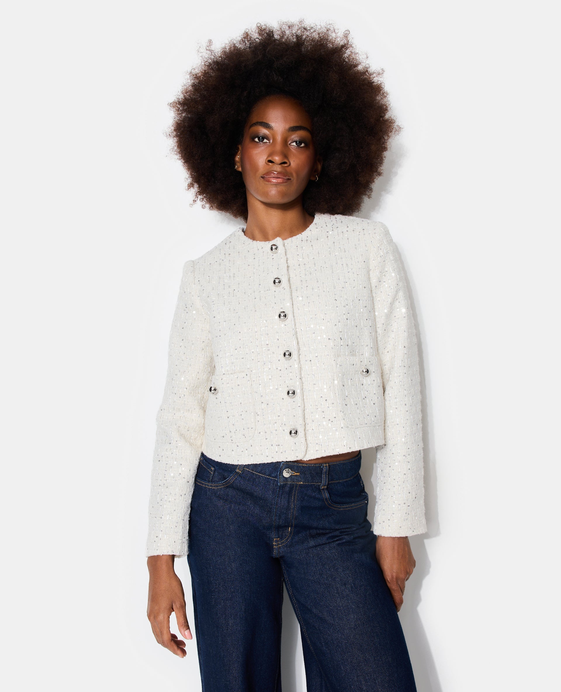 Veste en tweed col rond avec sequins