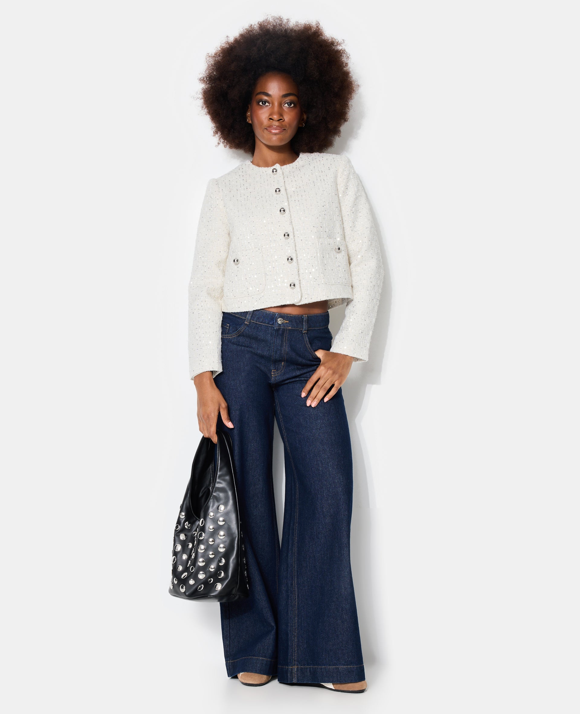 Veste en tweed col rond avec sequins