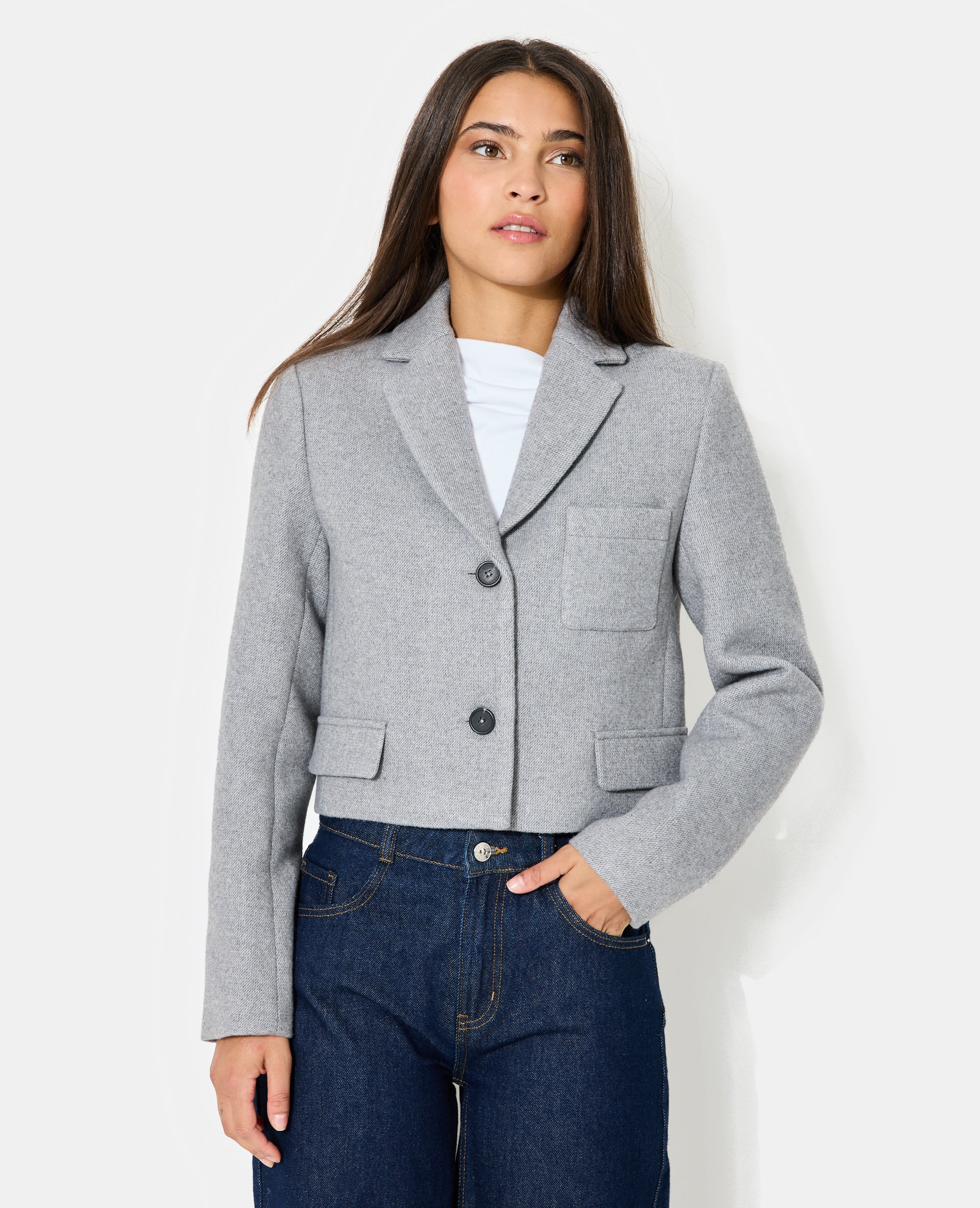 Veste blazer courte en tissu épais avec laine