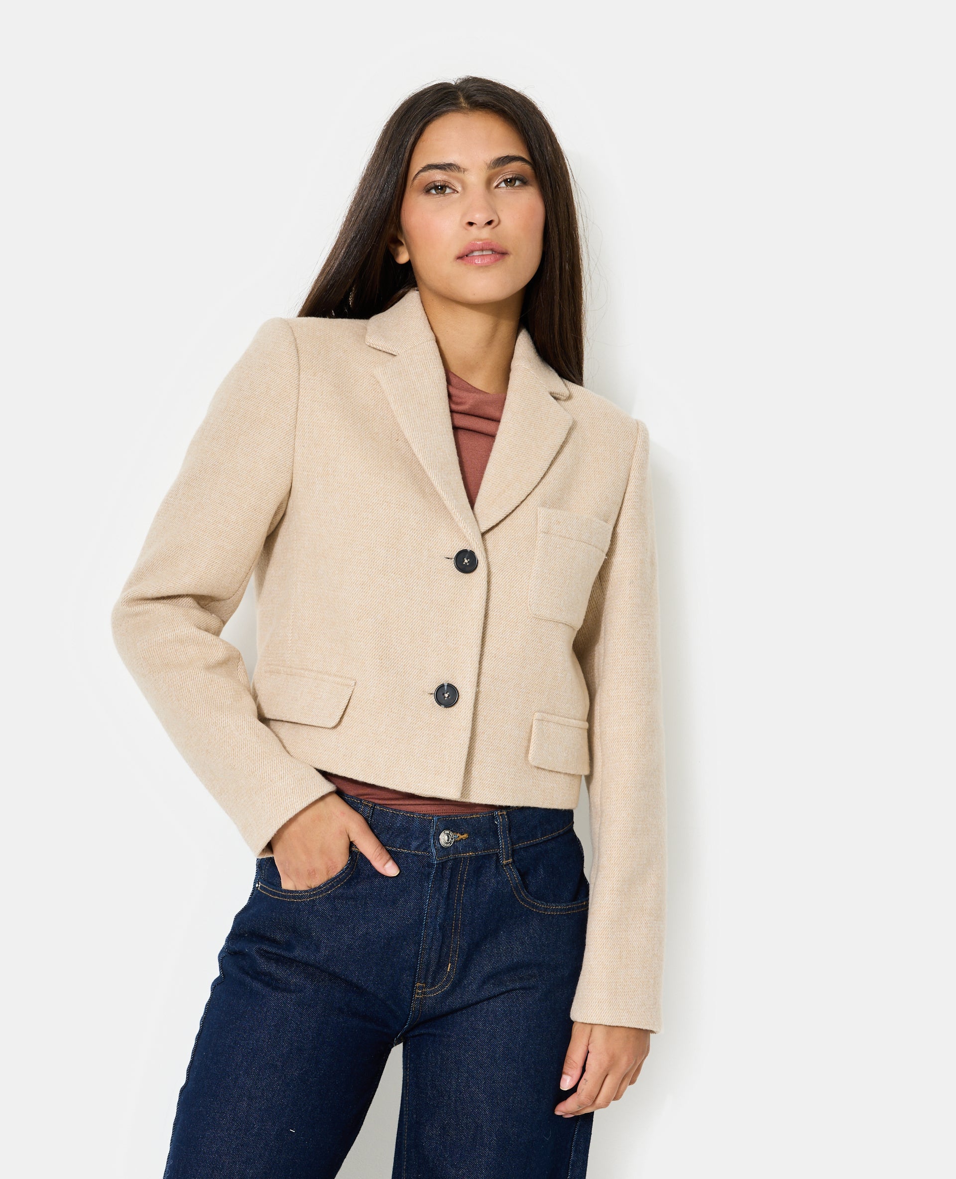 Veste blazer courte en tissu épais avec laine