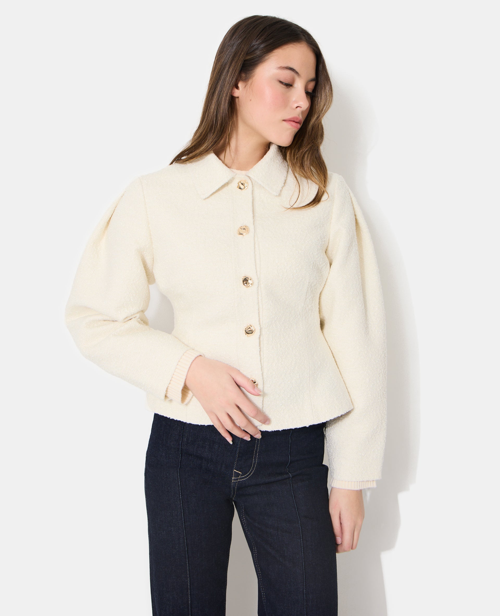 Veste cintrée en tweed avec boutons bijoux
