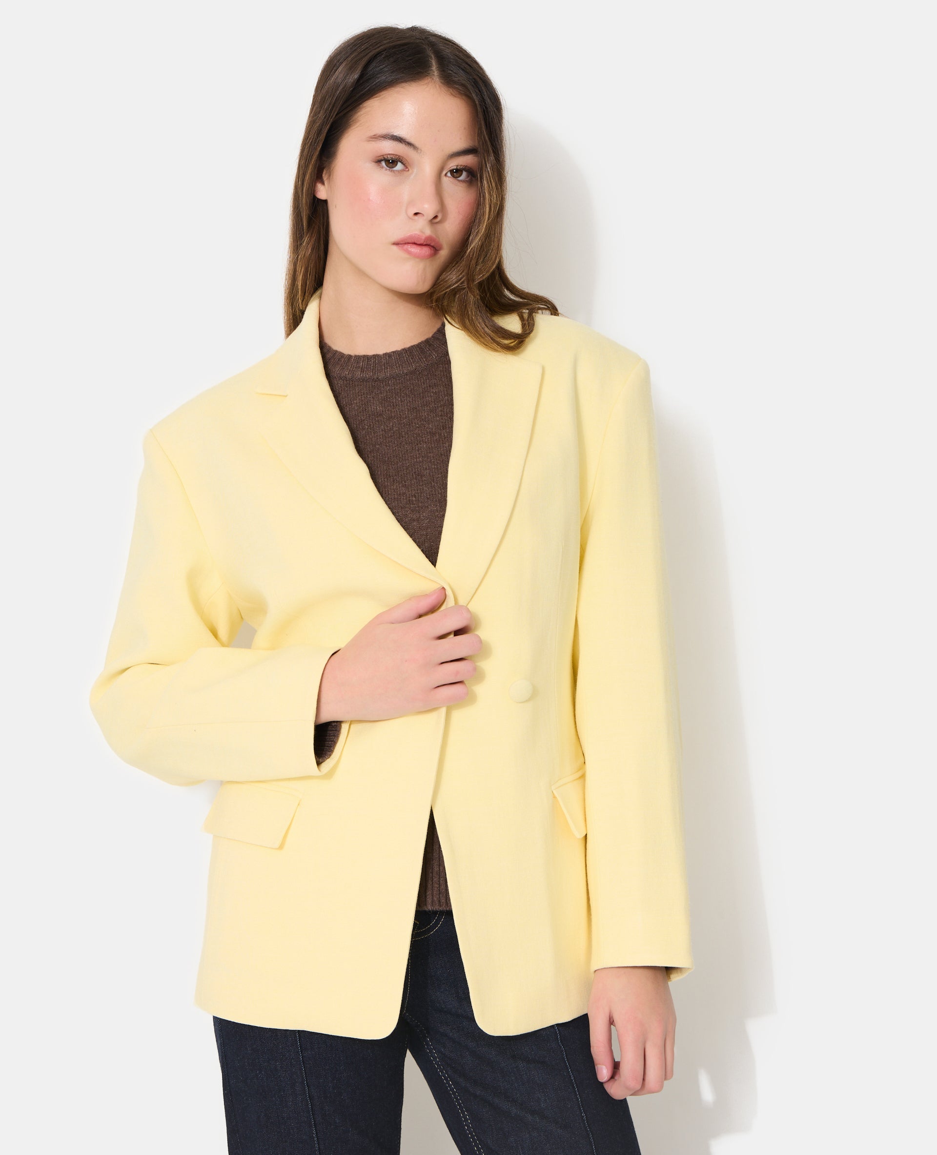 Veste blazer long et cintré en tissu effet lin