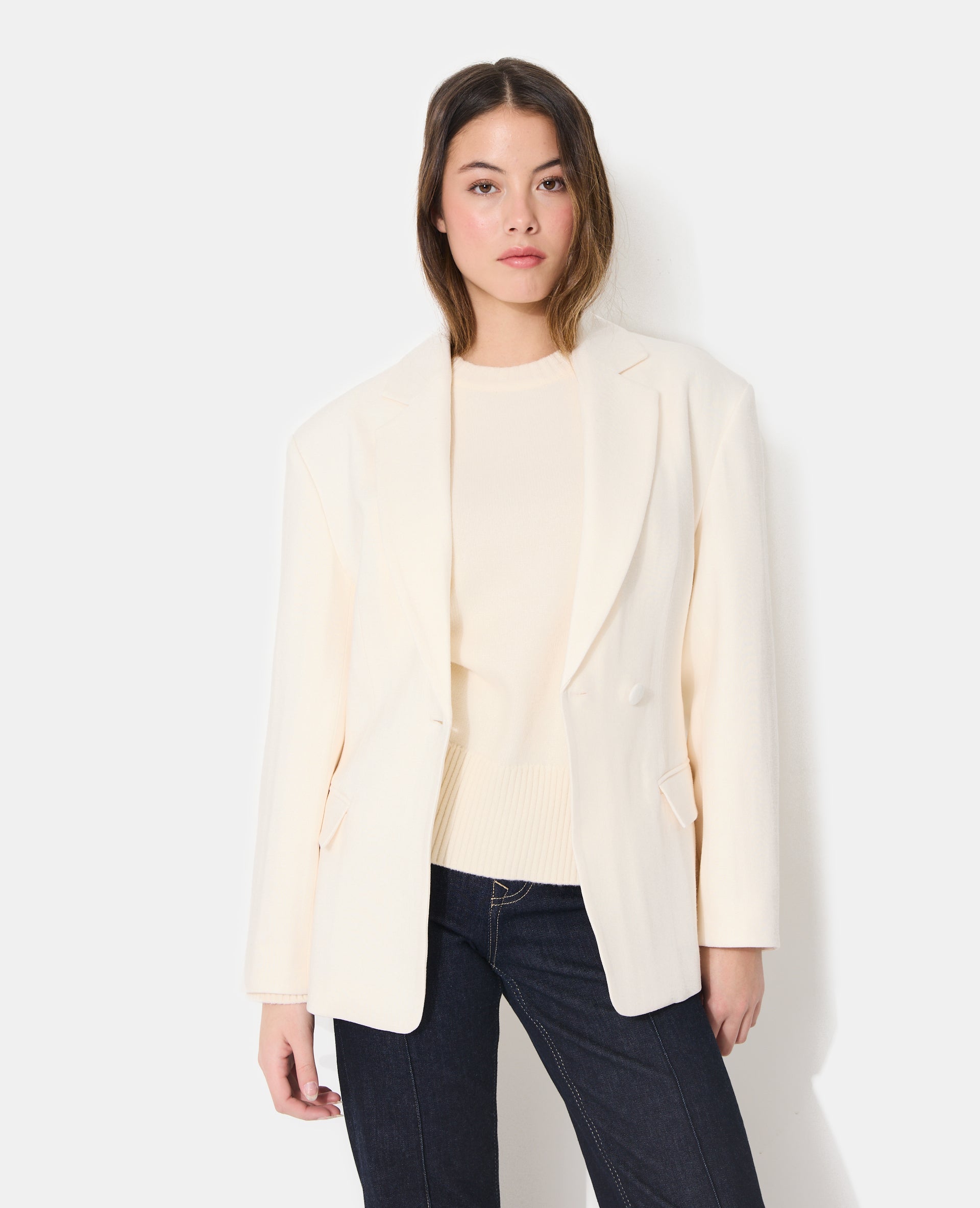 Veste blazer long et cintré en tissu effet lin