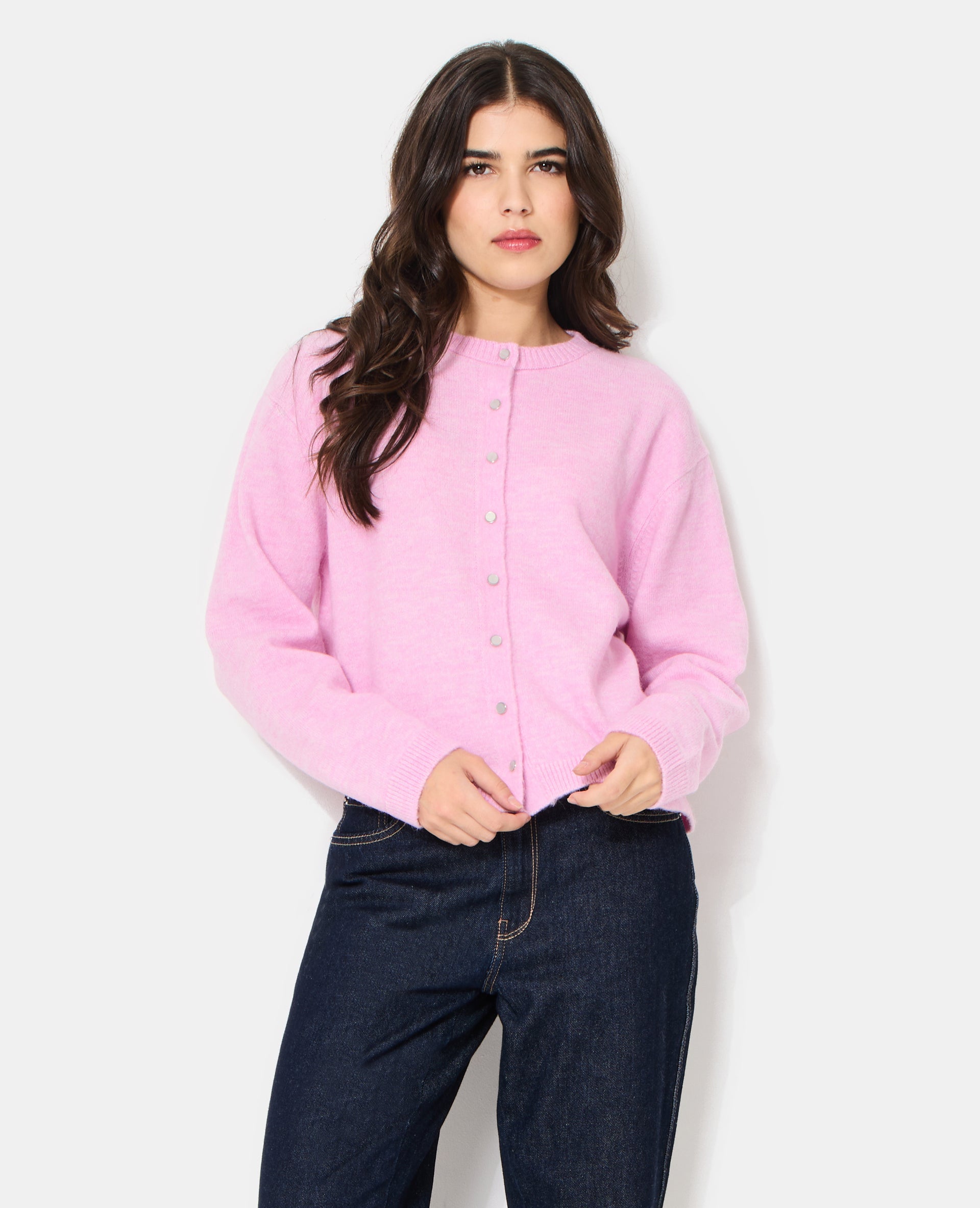 Gilet col rond avec boutons effet nacre