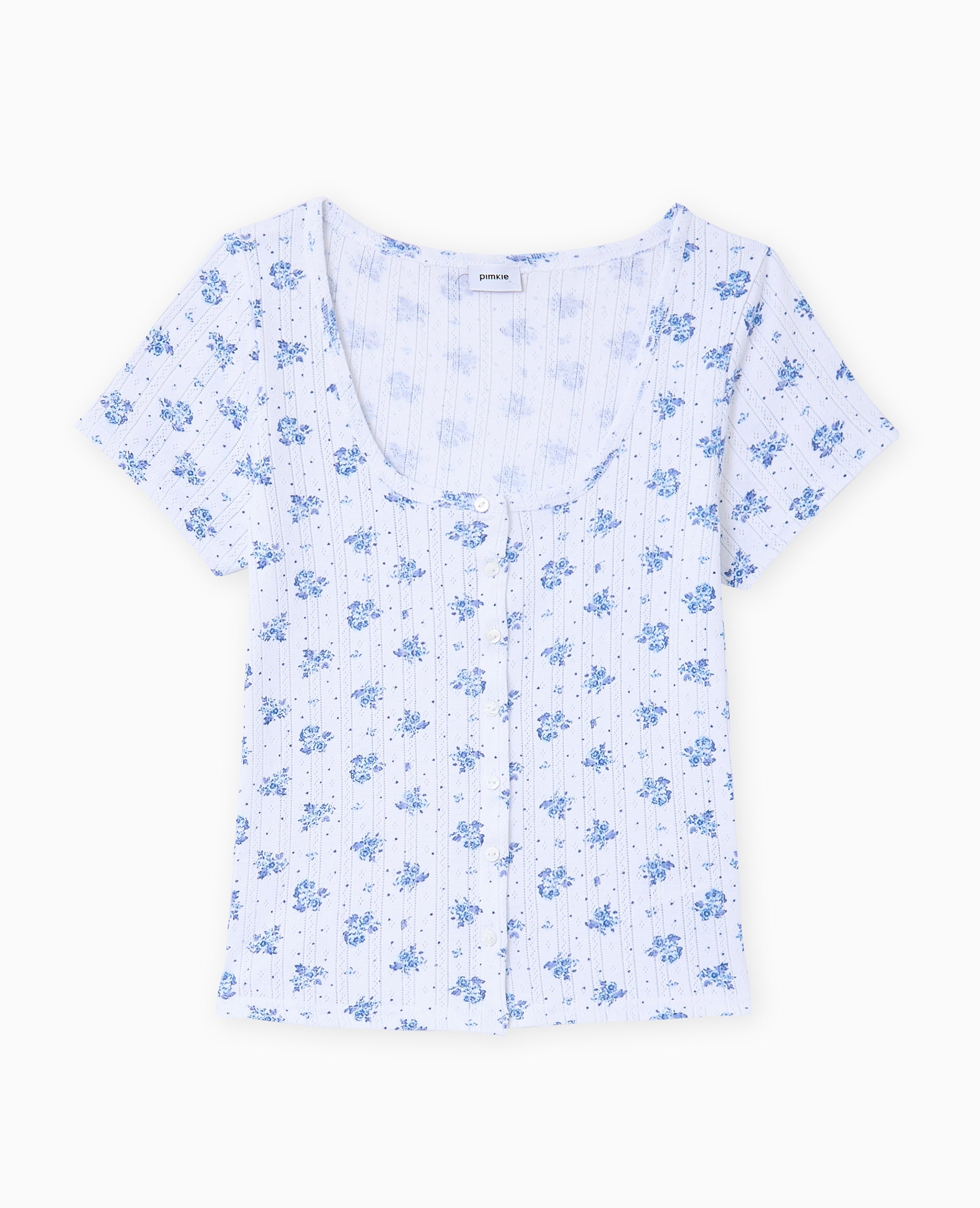 T-shirt boutonné en maille pointelle motif fleurs