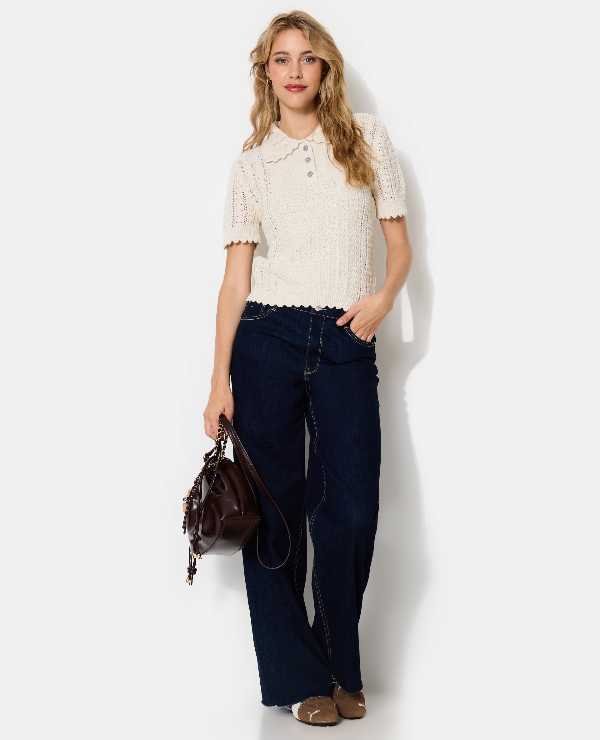 Pull manches courtes maille fantaisie et ajourée