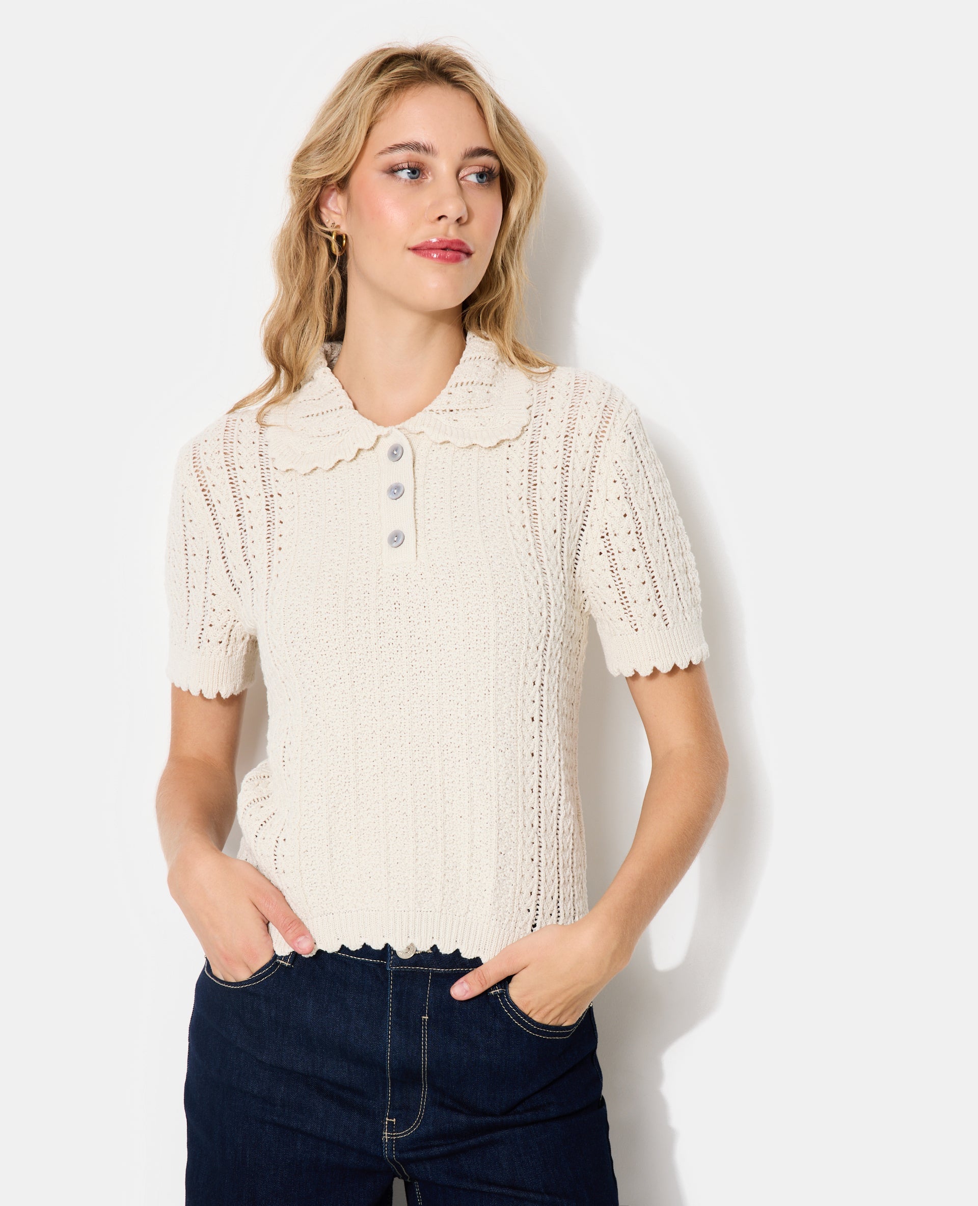 Pull manches courtes maille fantaisie et ajourée