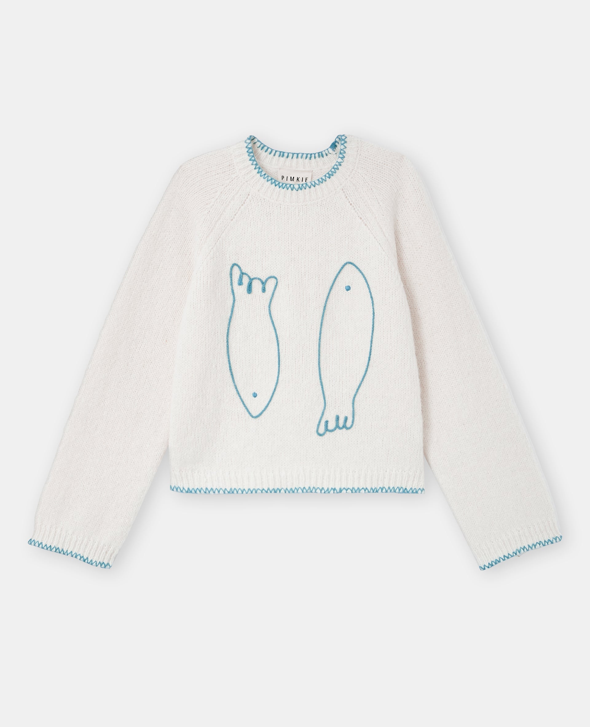 Pull avec poissons et coutures contrastées