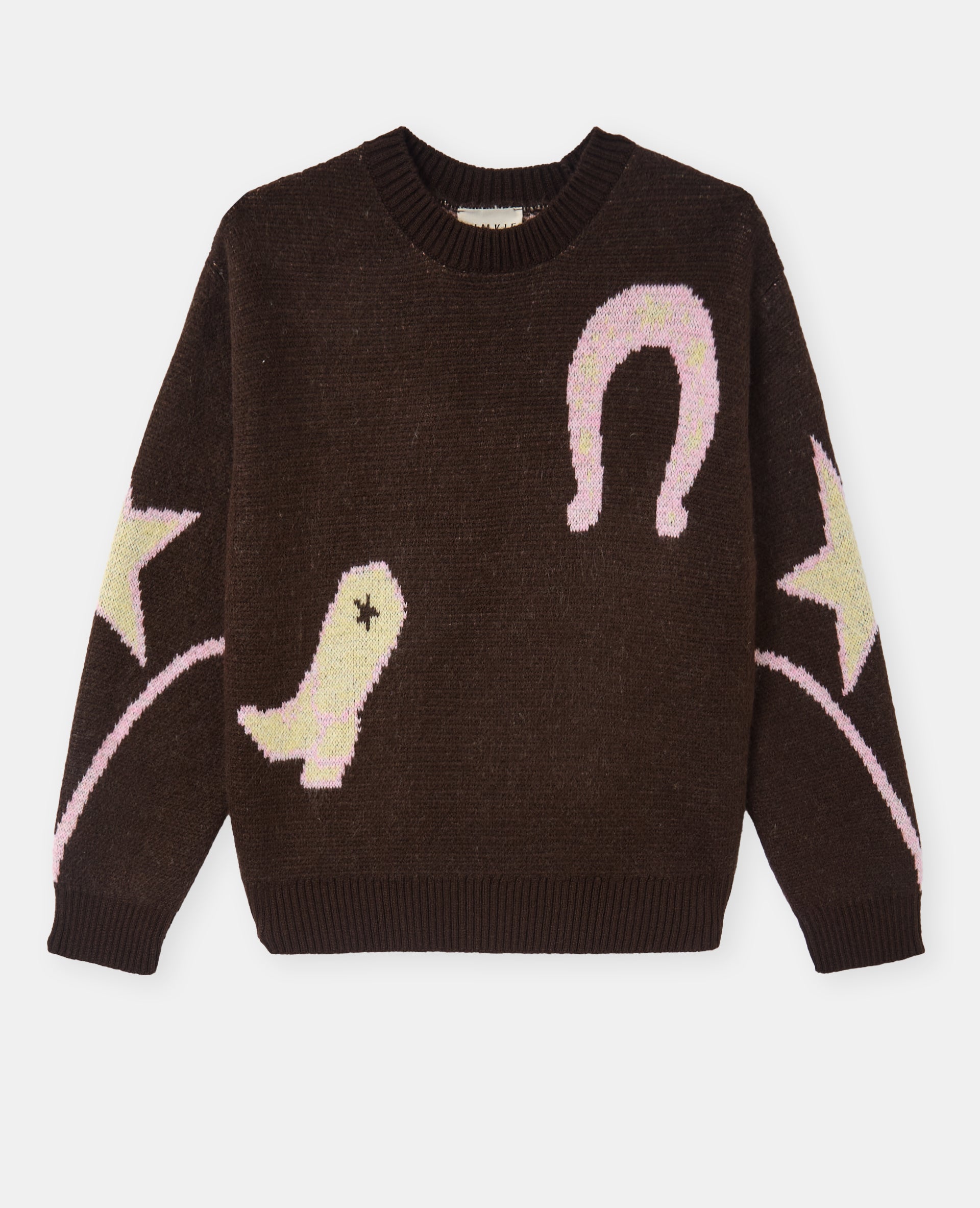 Pull col rond avec motifs fer à cheval, santiag, cheval