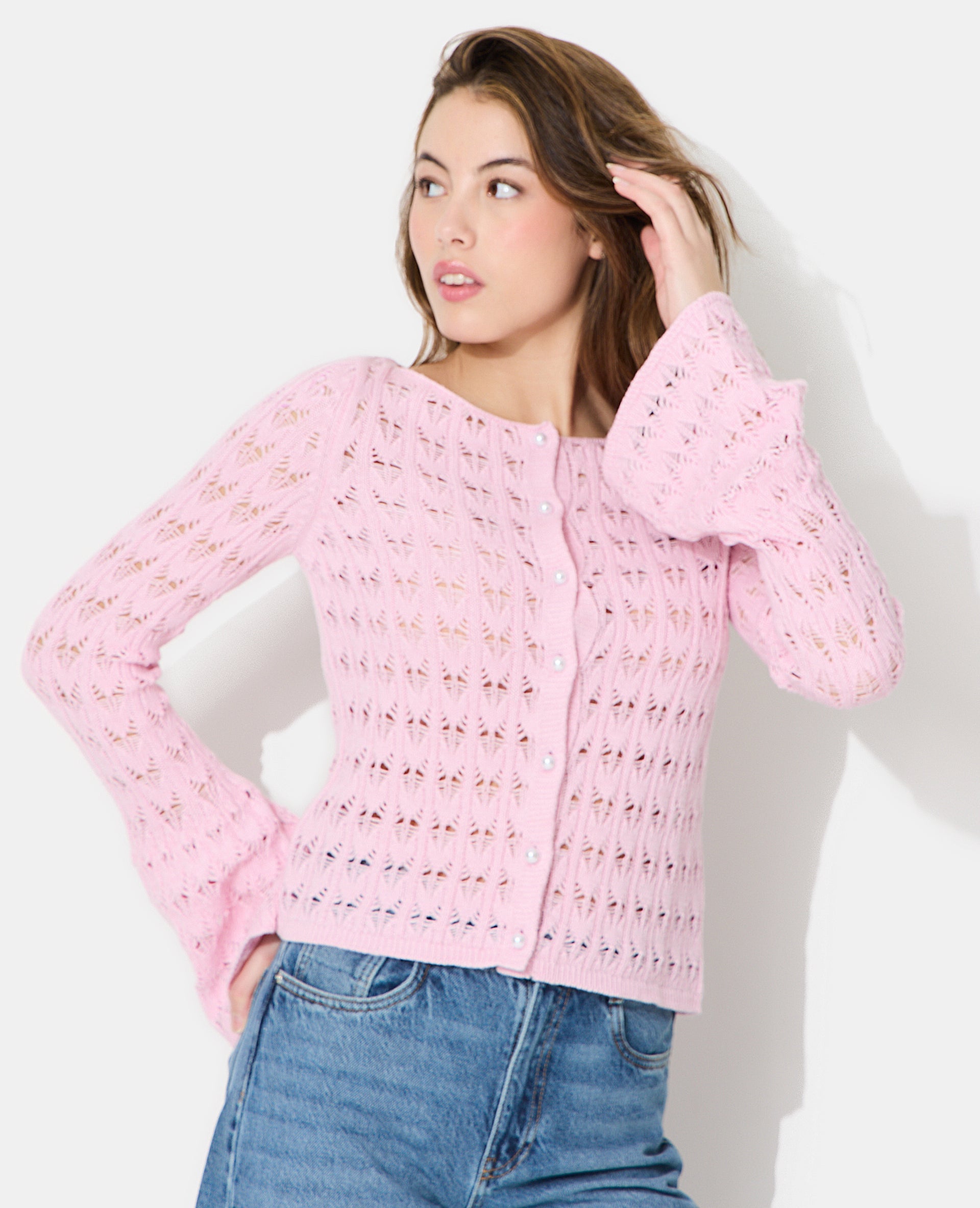 Gilet en maille ajourée avec boutons perles