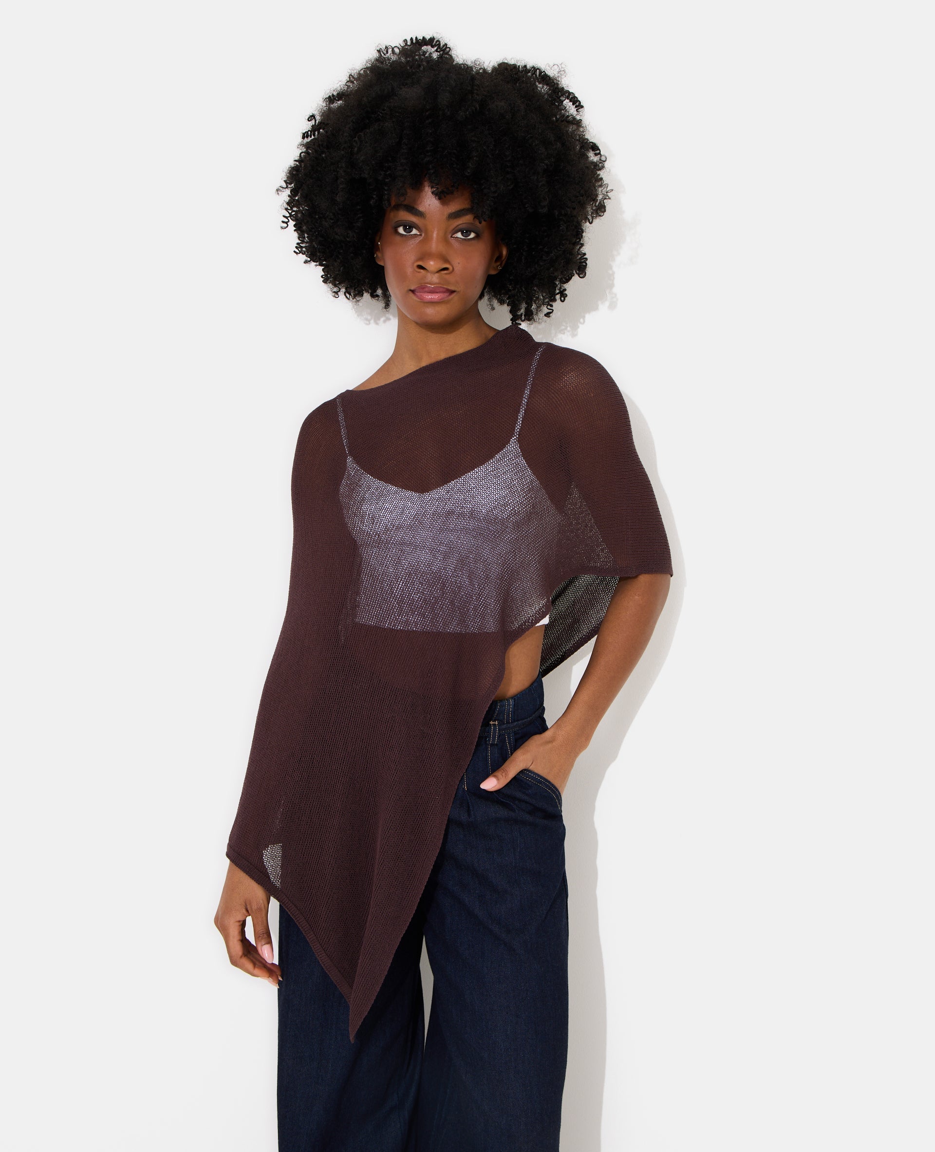 Pull châle asymétrique en maille ajourée