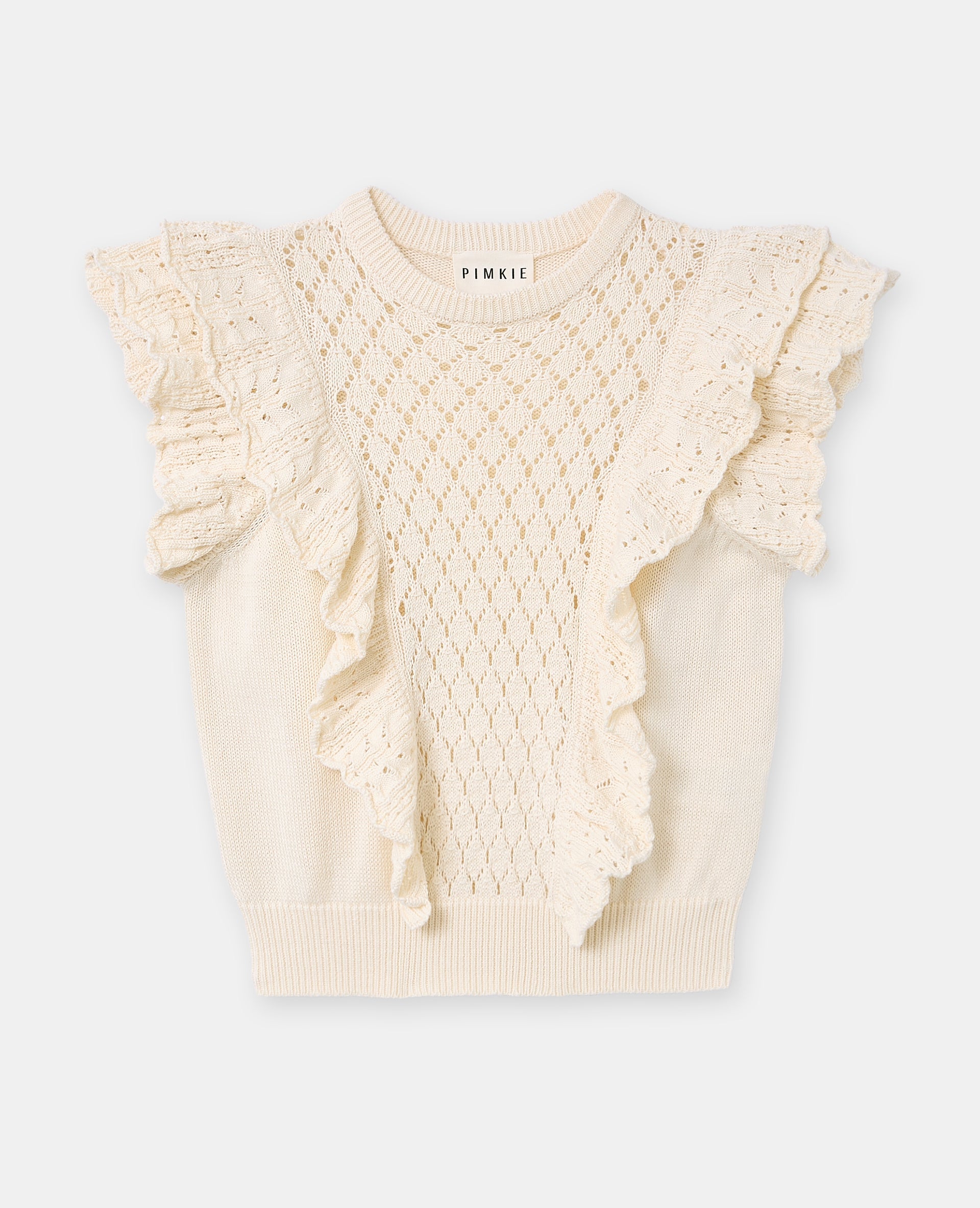Pull manches courtes en maille ajourée avec volants
