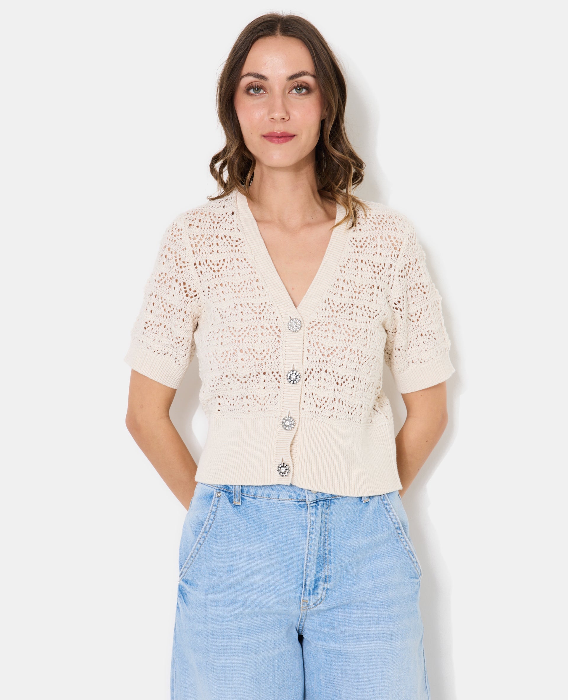 Gilet manches courtes en maille ajourée