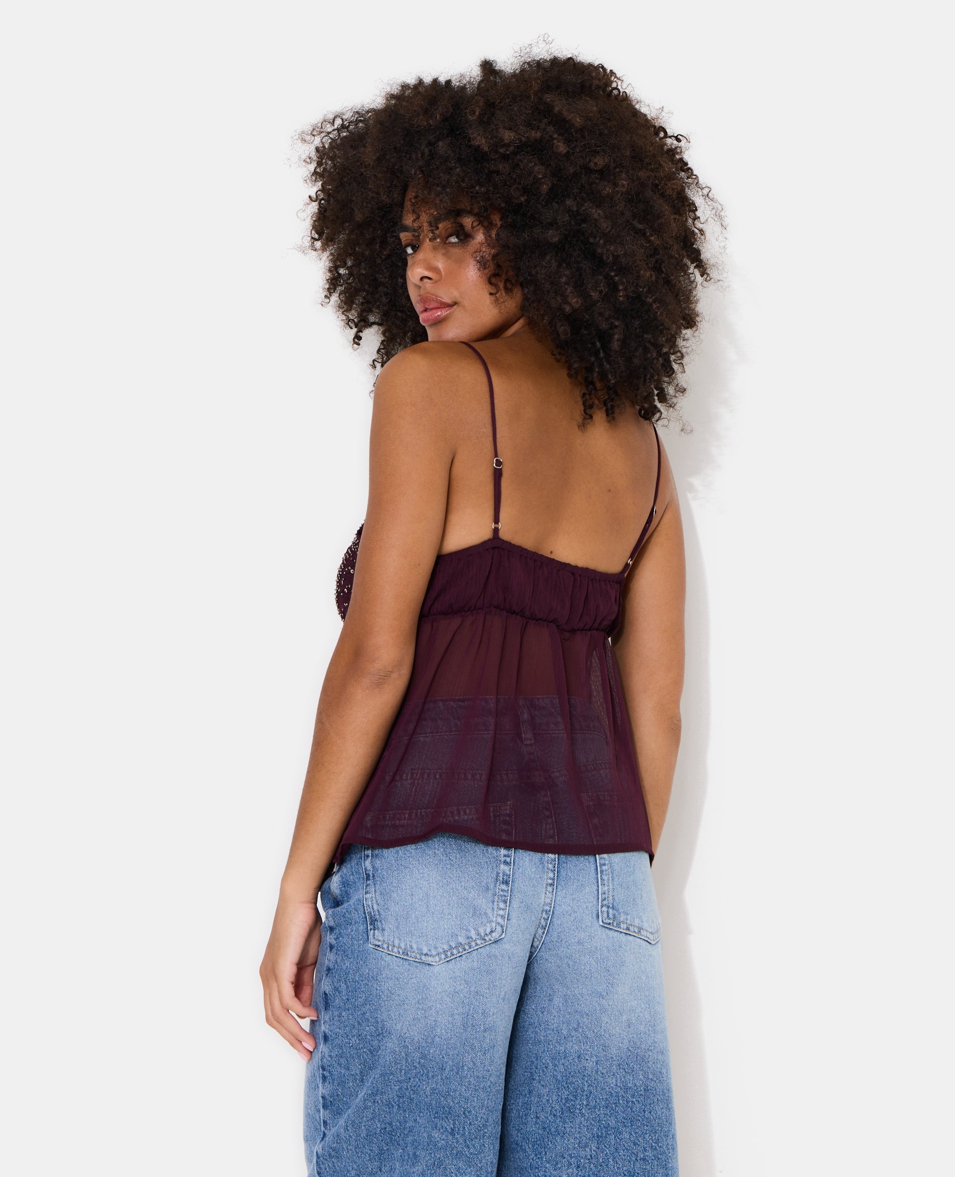 Top à bretelles en voile avec sequins et perles