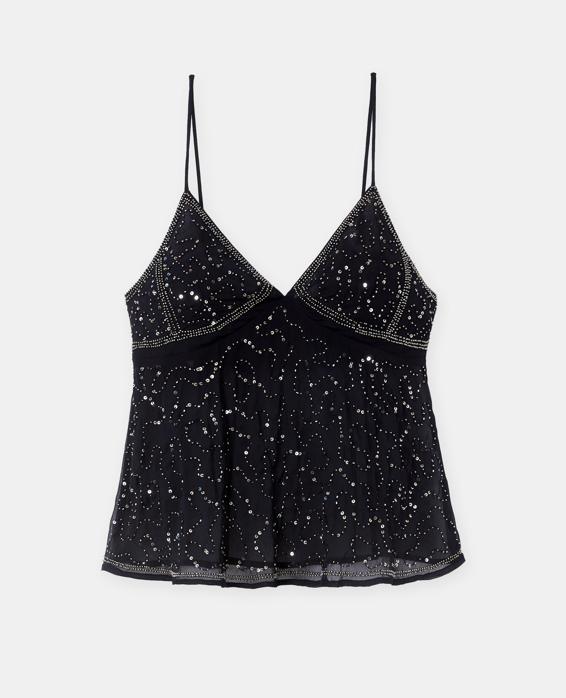 Top à bretelles en voile avec sequins et perles