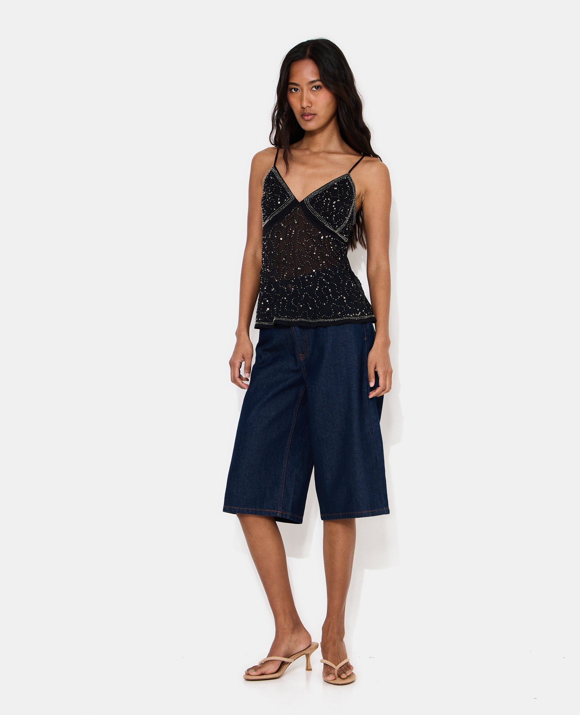 Top à bretelles en voile avec sequins et perles