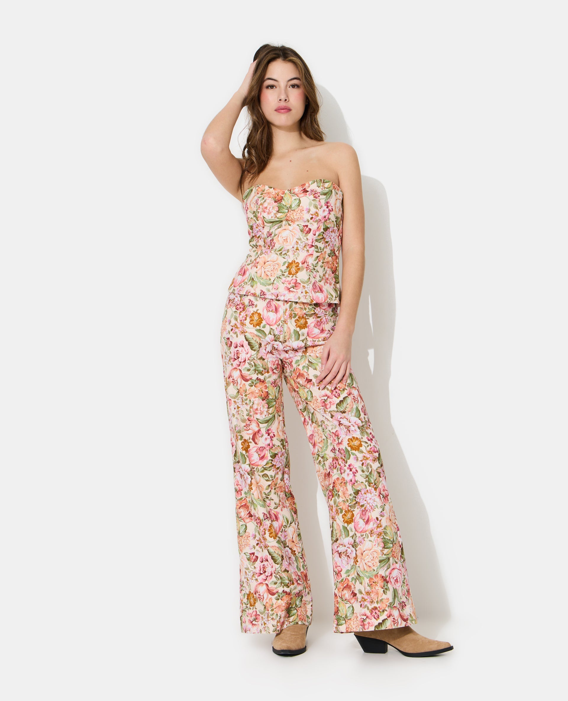 Top bustier motif fleurs façon tapisserie