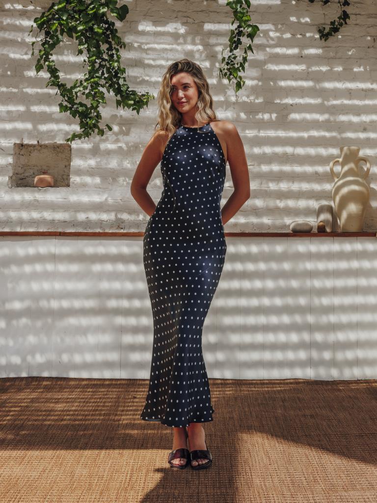 Robe longue dos-nu motif pois