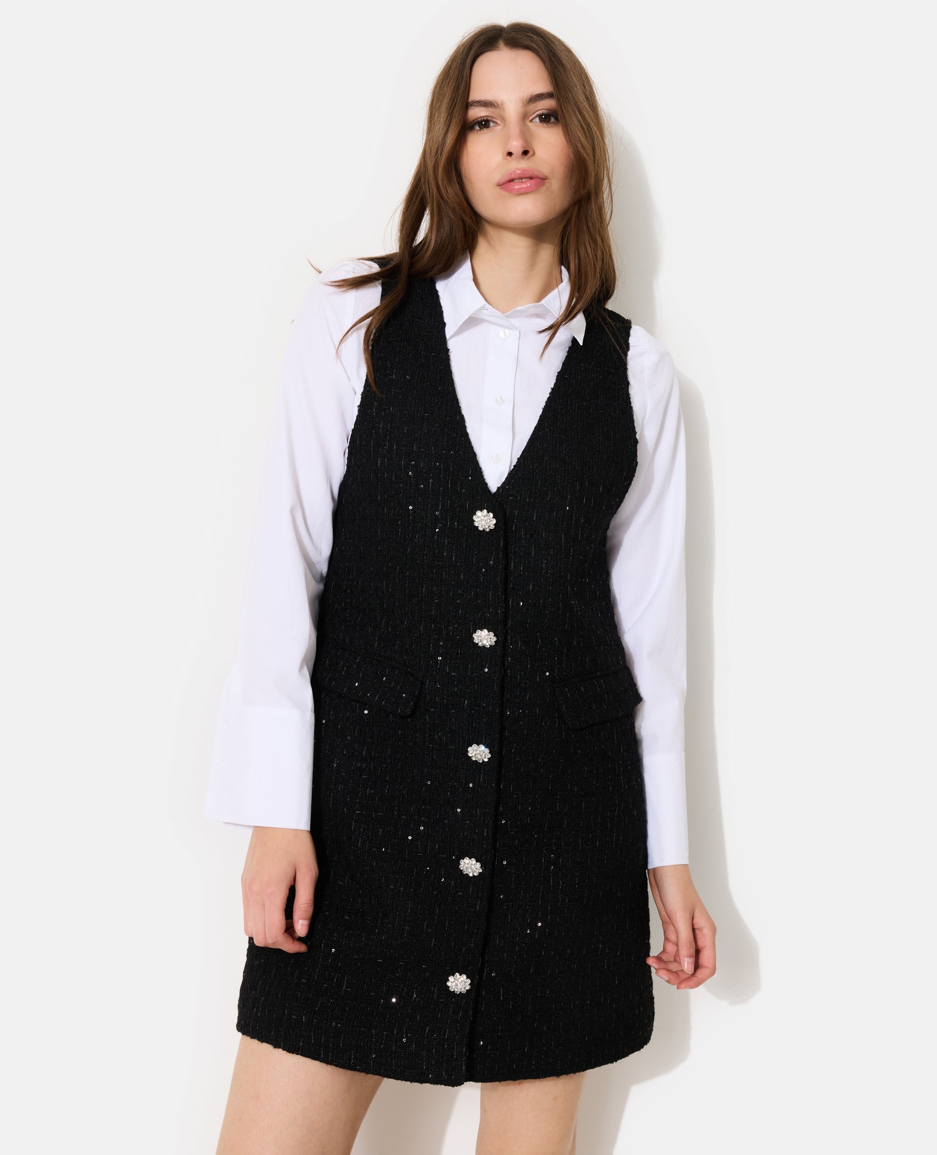 Robe chasuble en tweed avec sequins