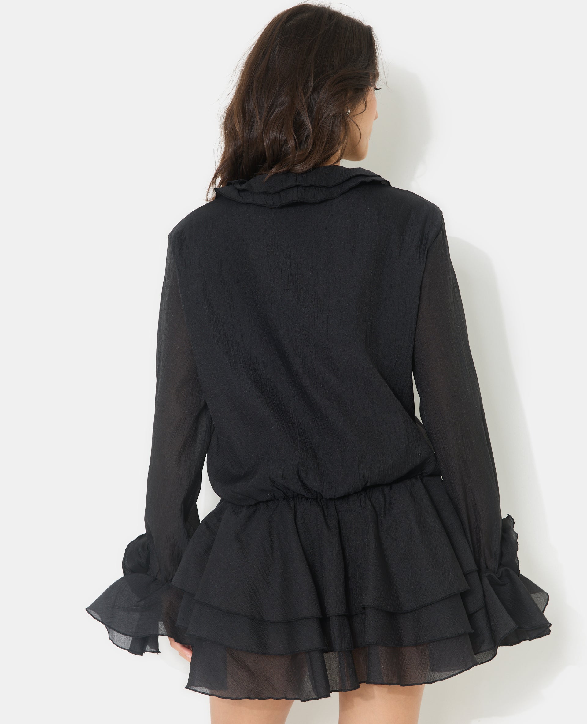 Robe courte en voile avec volants et fleurs