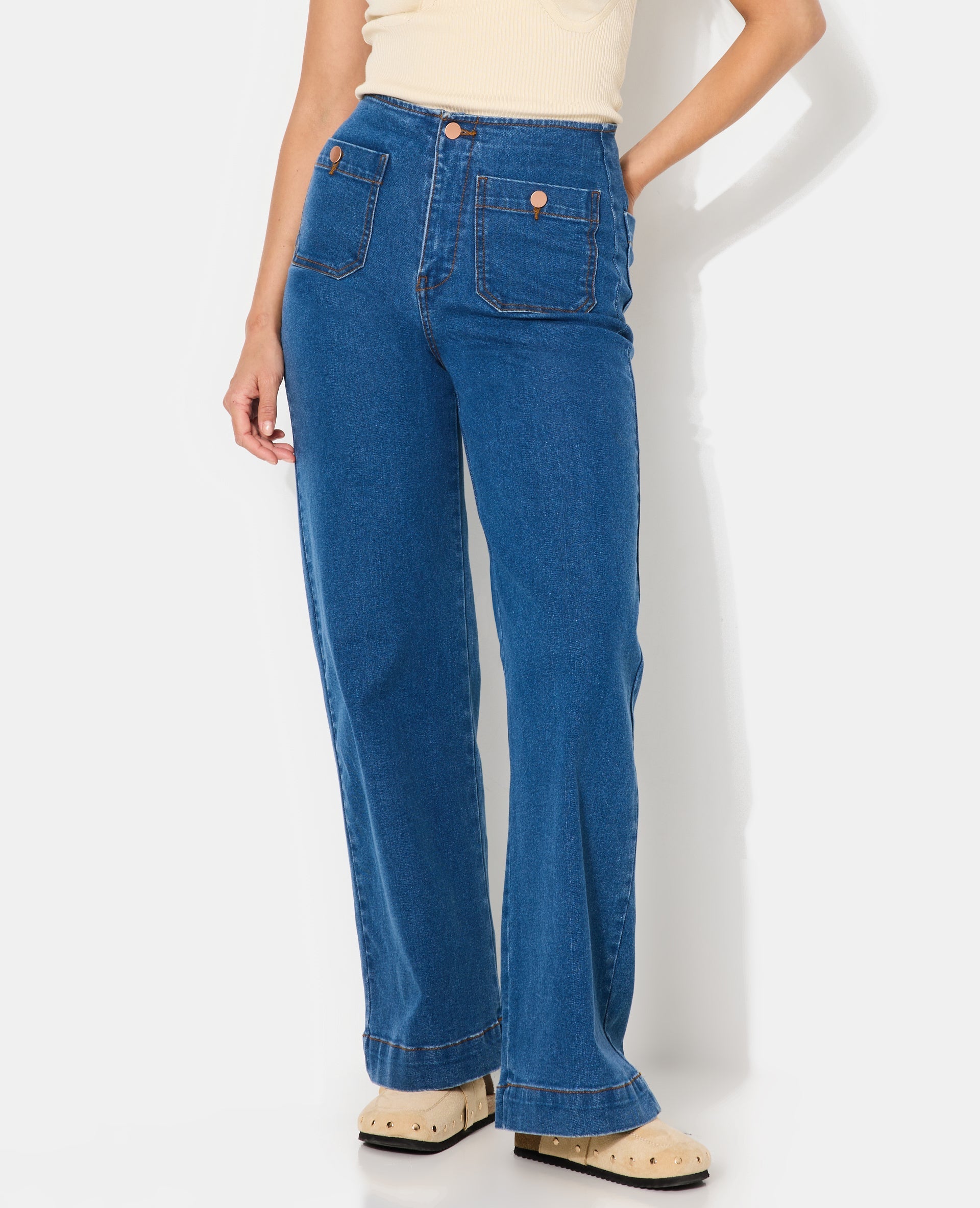 Jean wide taille haute avec poches devant