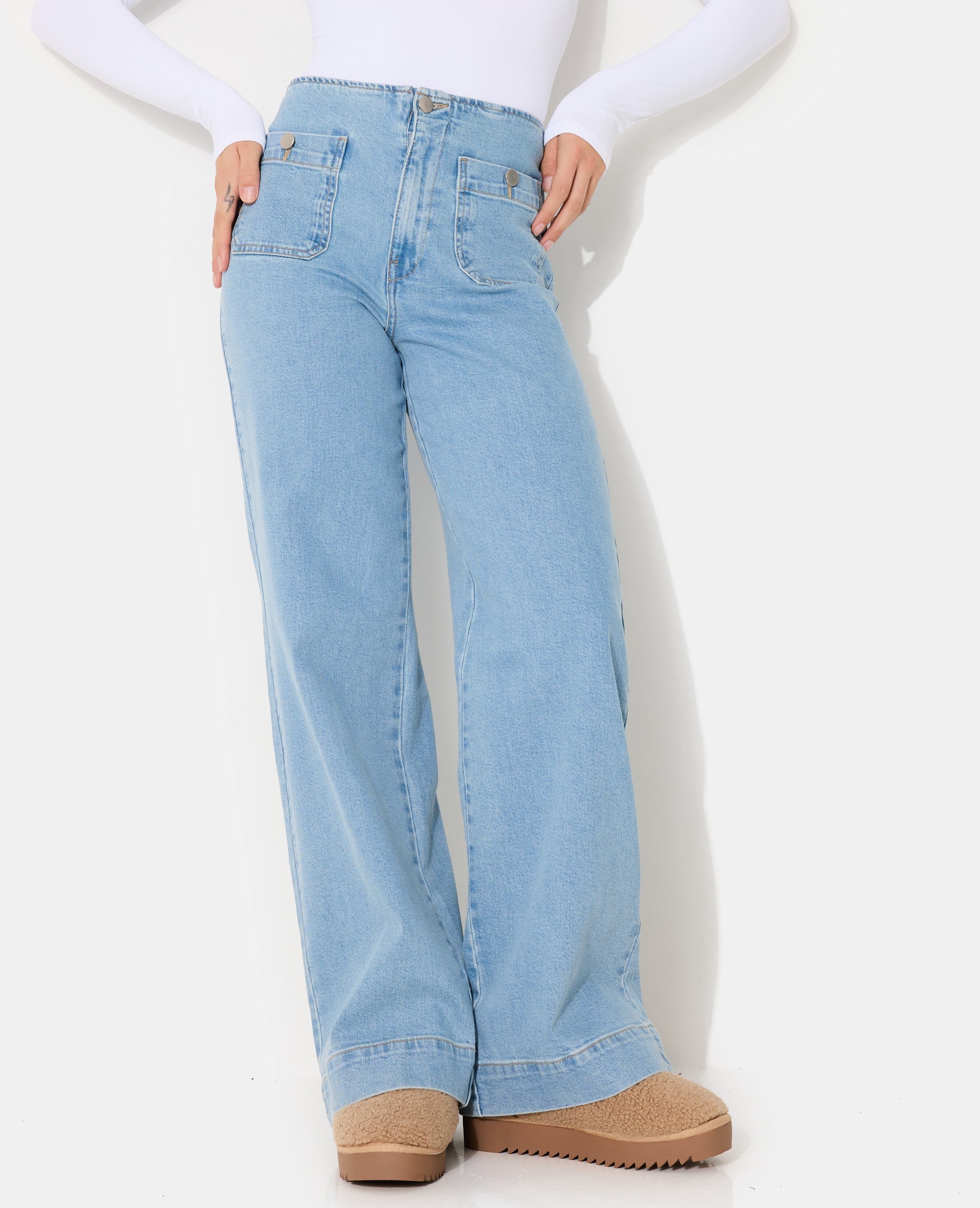 Jean wide taille haute avec poches plaquées