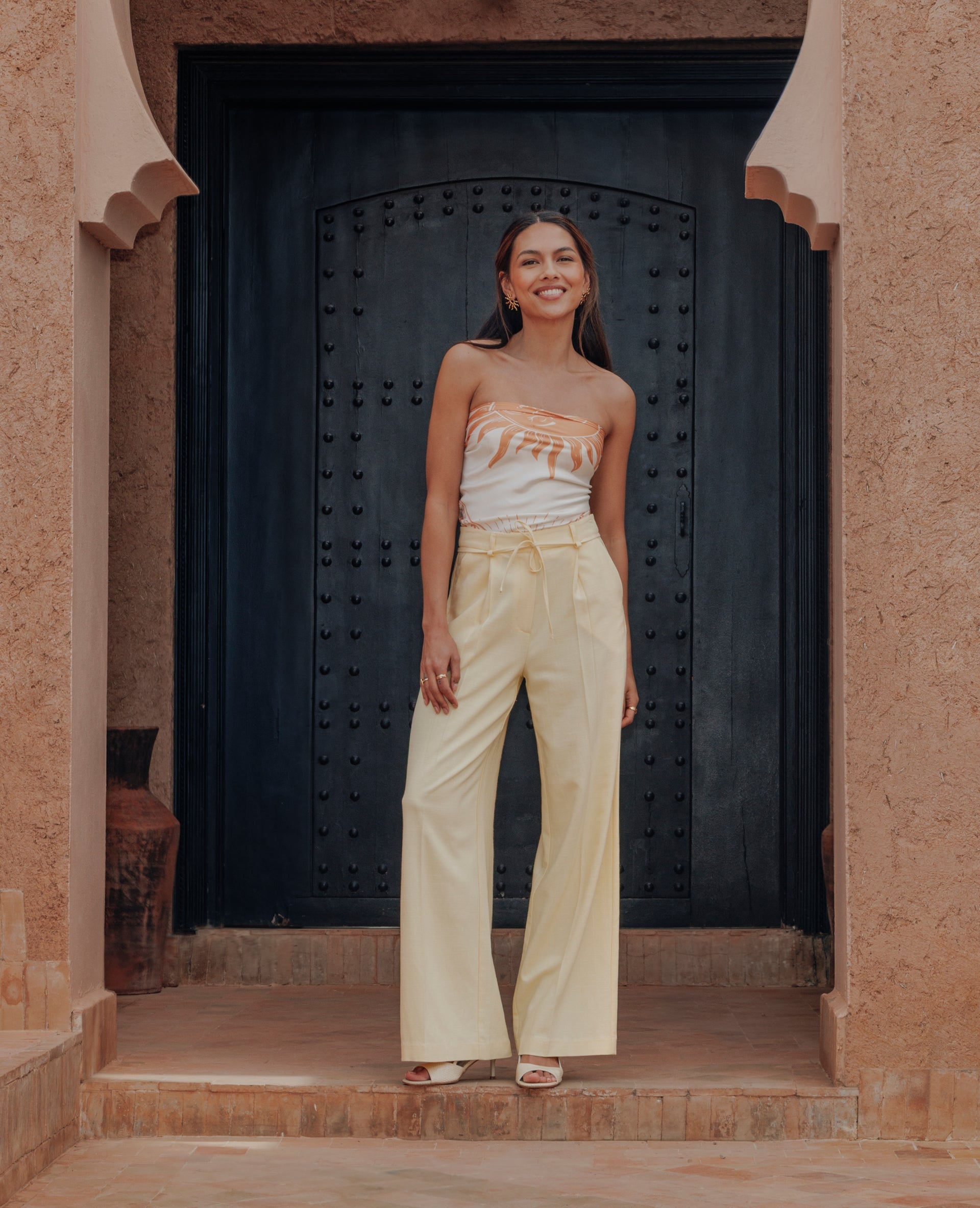 Pantalon droit en tissu effet lin