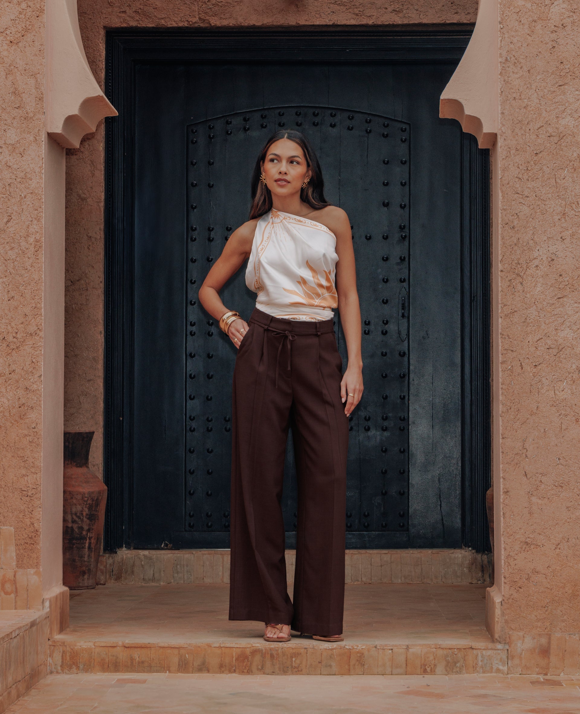 Pantalon droit en tissu effet lin