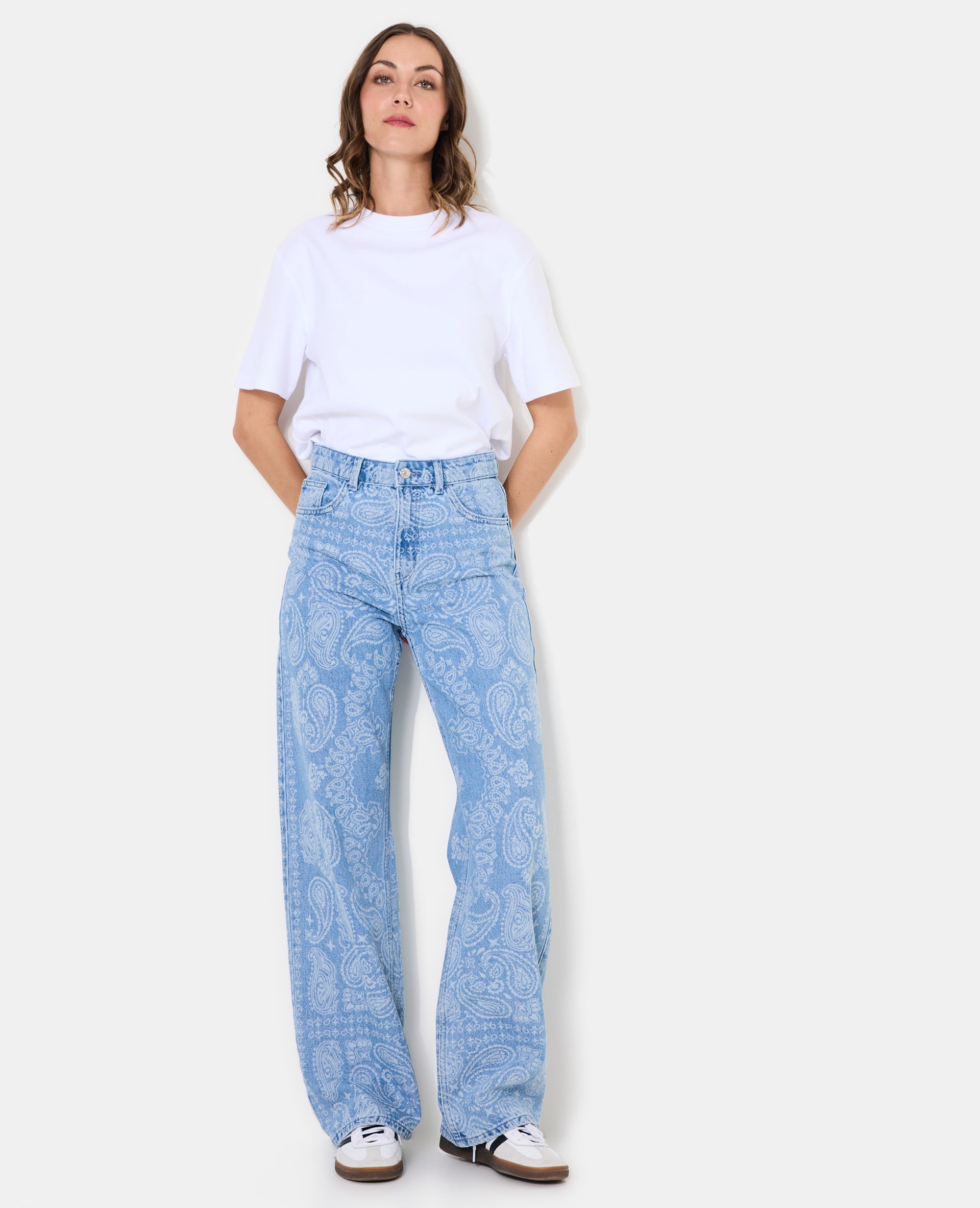 Jean wide taille haute motifs cachemire