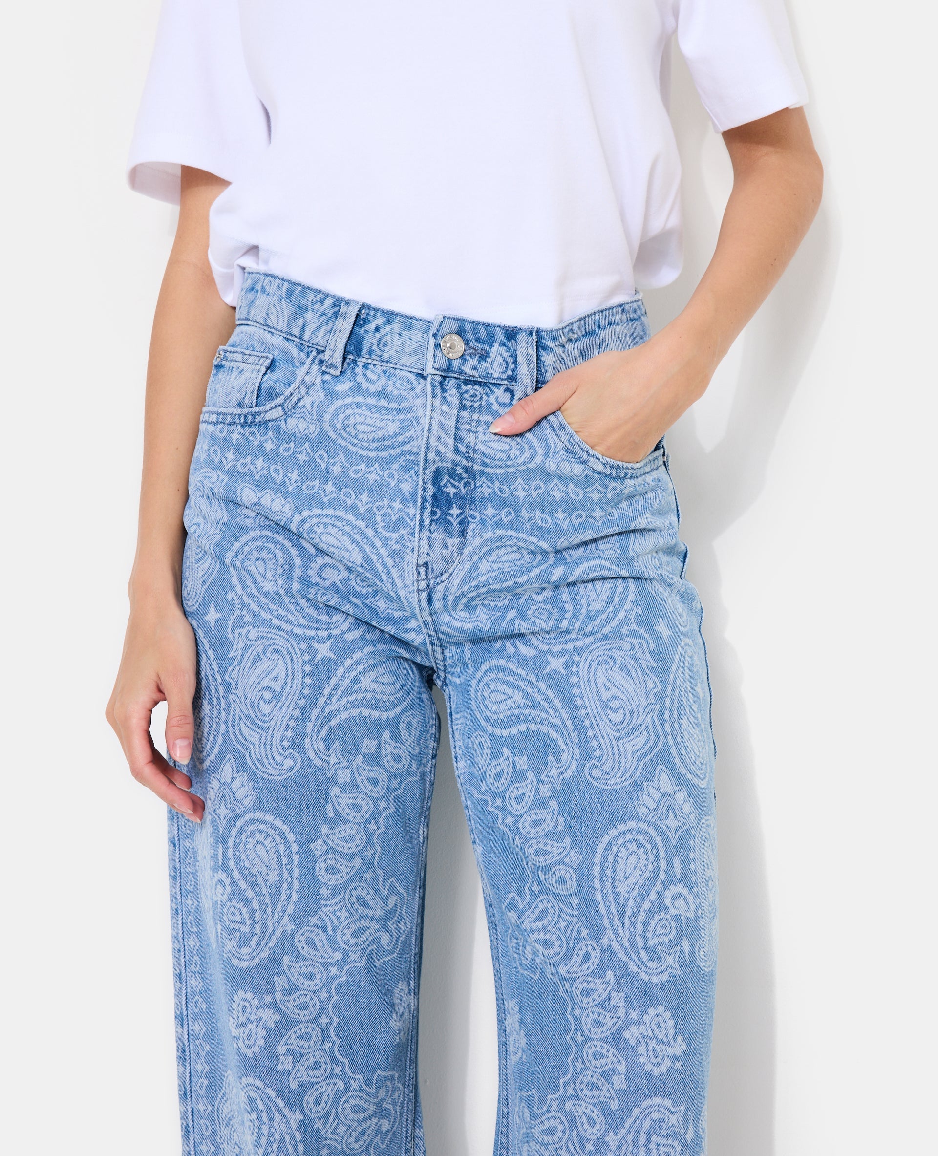 Jean wide taille haute motifs cachemire