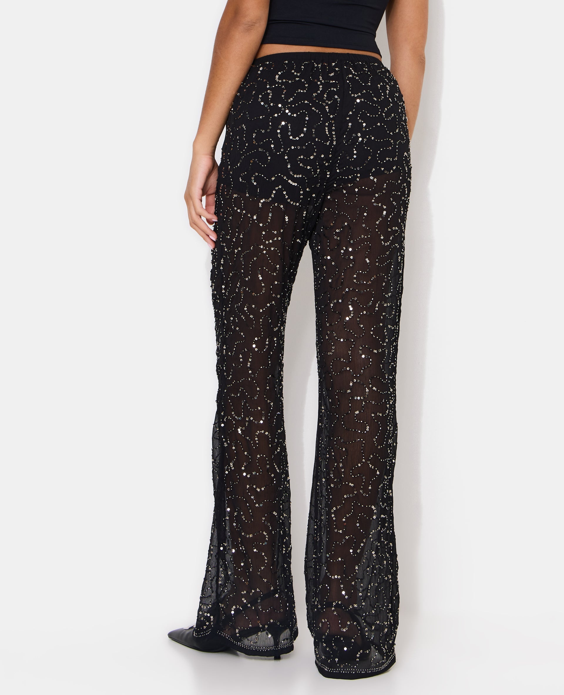 Pantalon flare en voile avec sequins et perles
