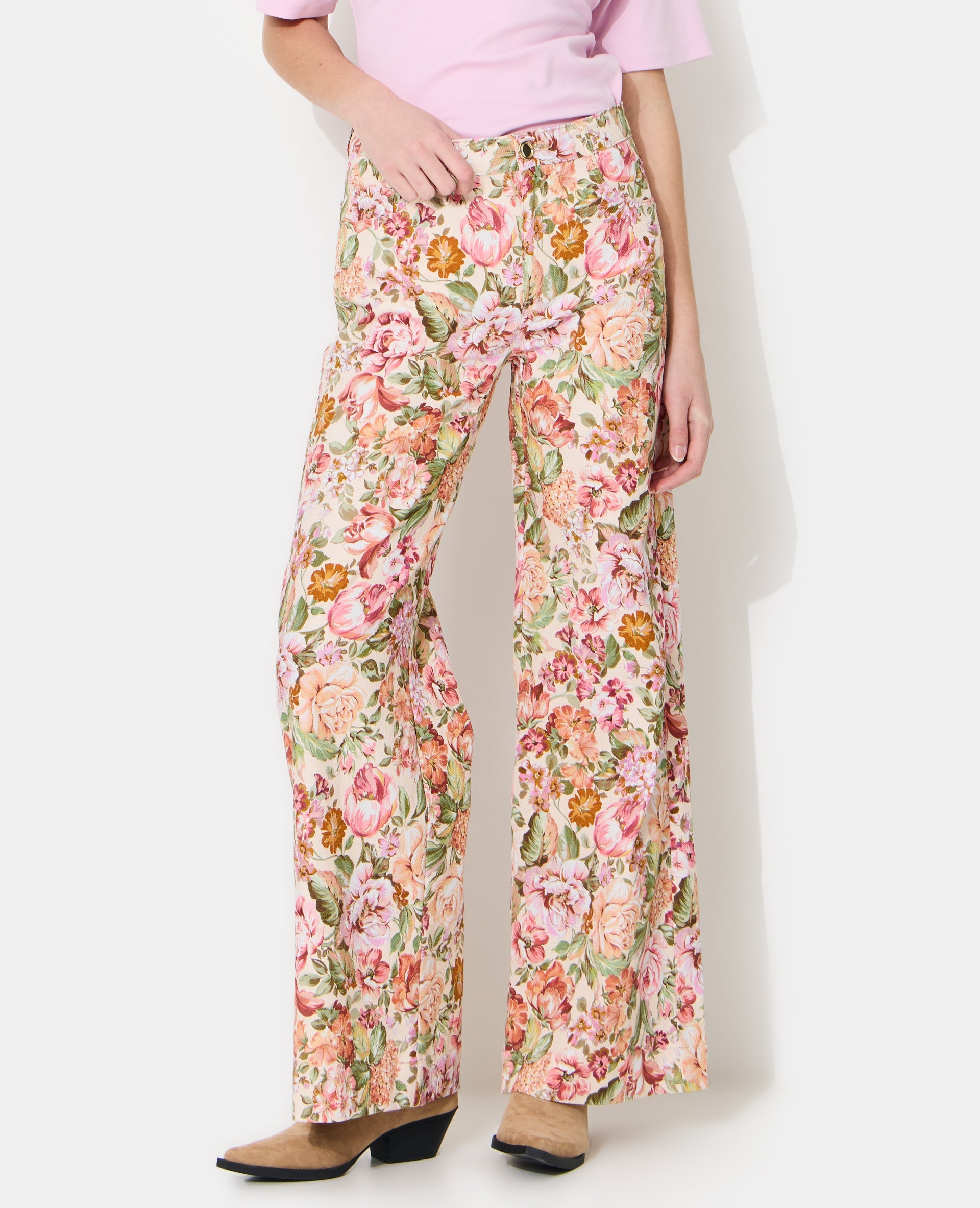 Pantalon droit motif fleurs façon tapisserie