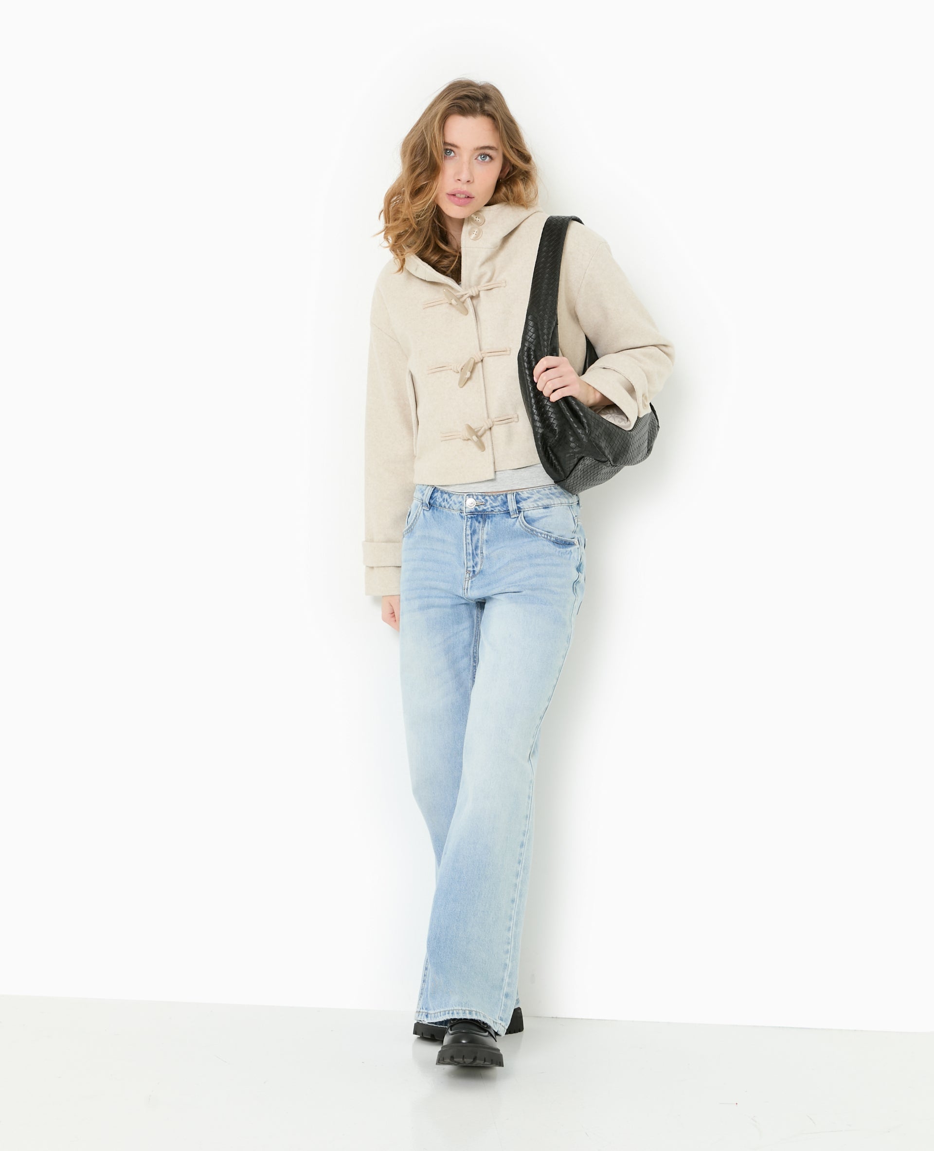 Manteau court effet drap de laine avec capuche