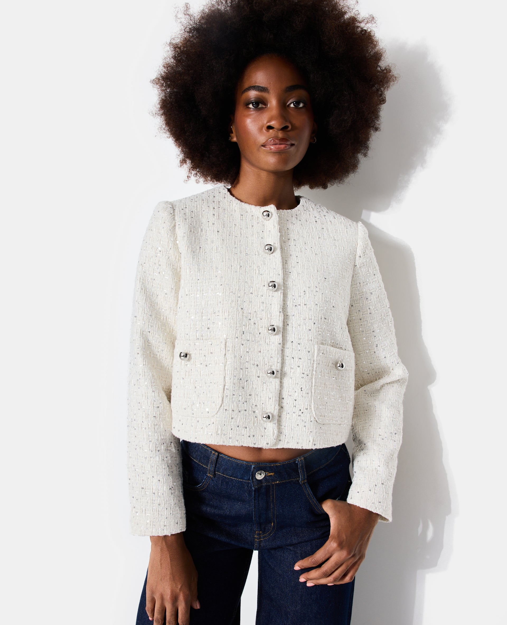 Veste en tweed col rond avec sequins