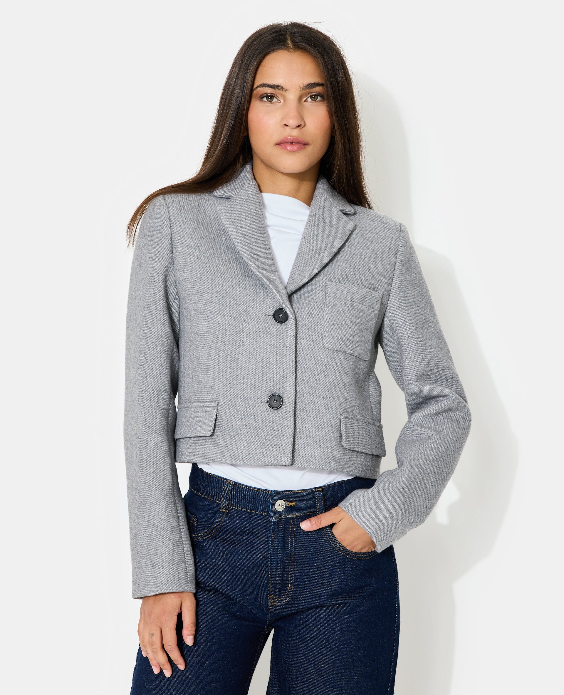 Veste blazer courte en tissu épais avec laine