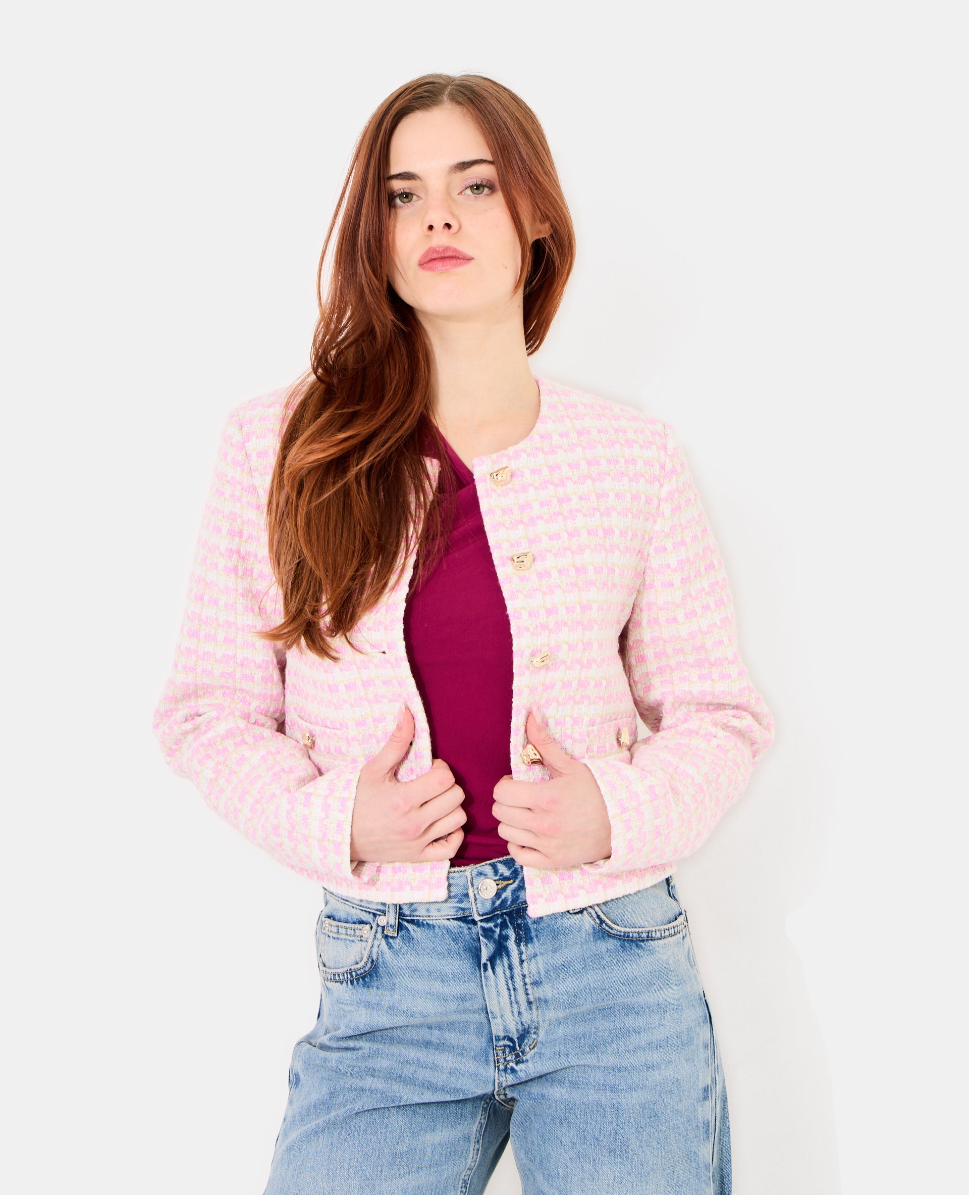 Veste droite en tweed avec boutons fantaisie