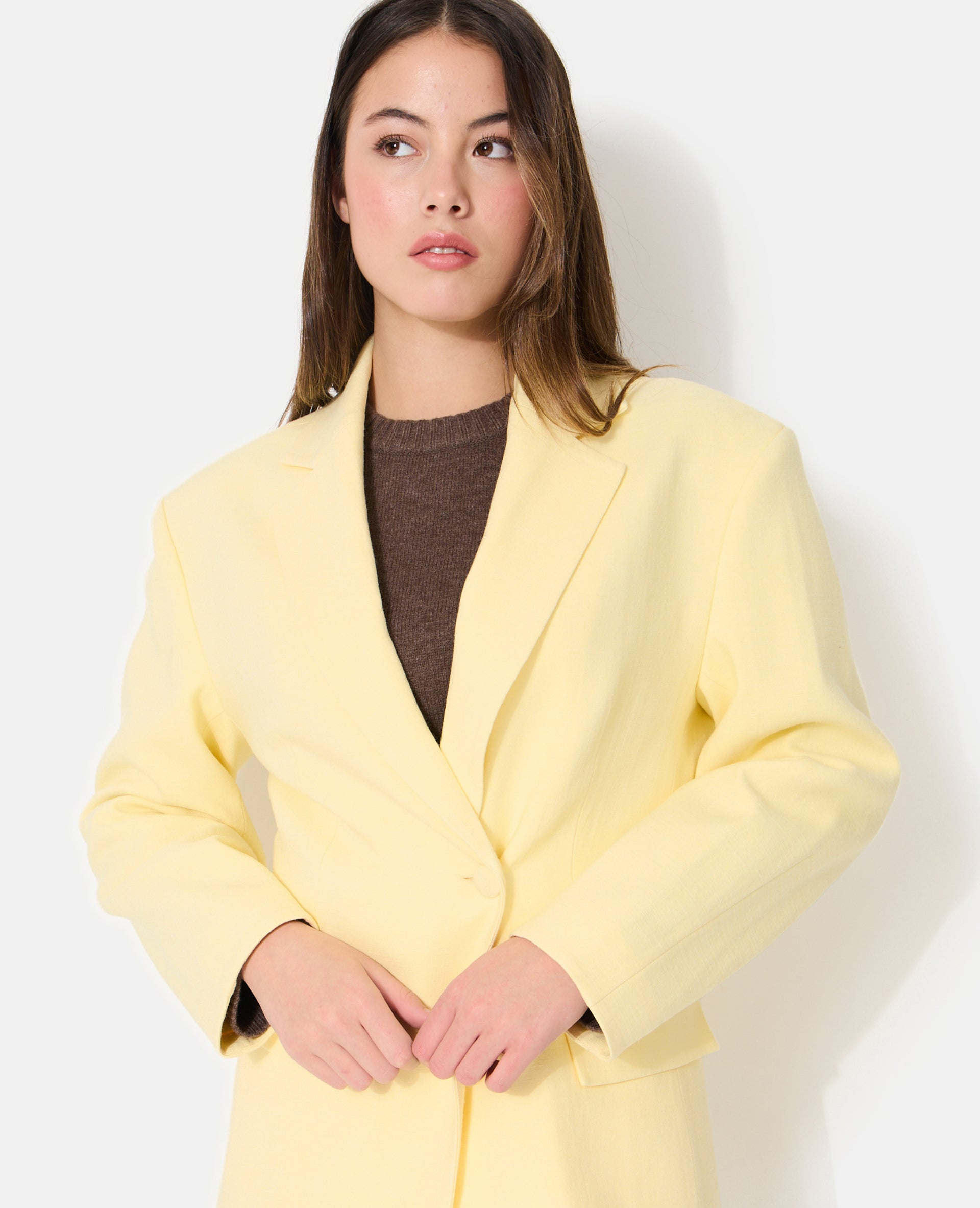 Veste blazer long et cintré en tissu effet lin