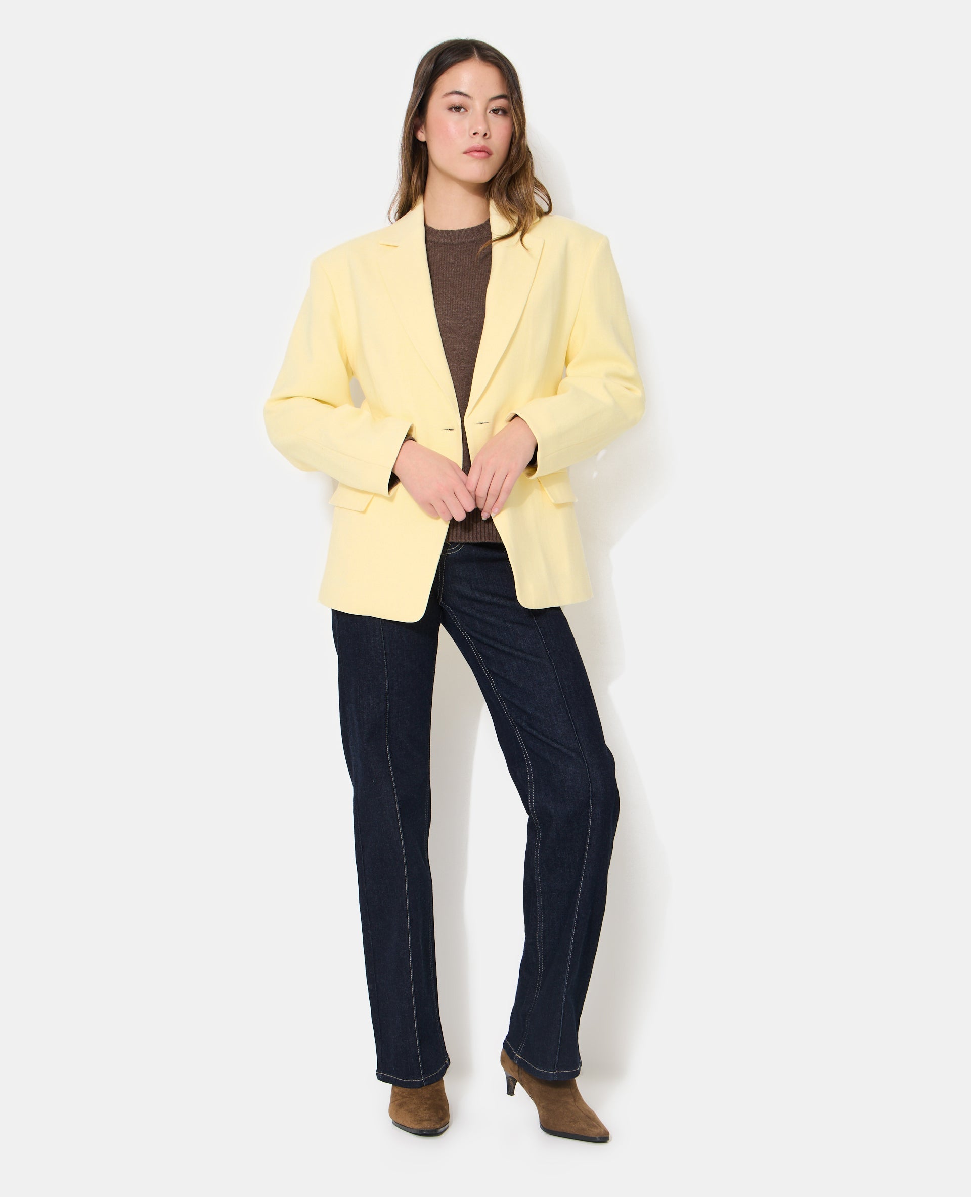 Veste blazer long et cintré en tissu effet lin