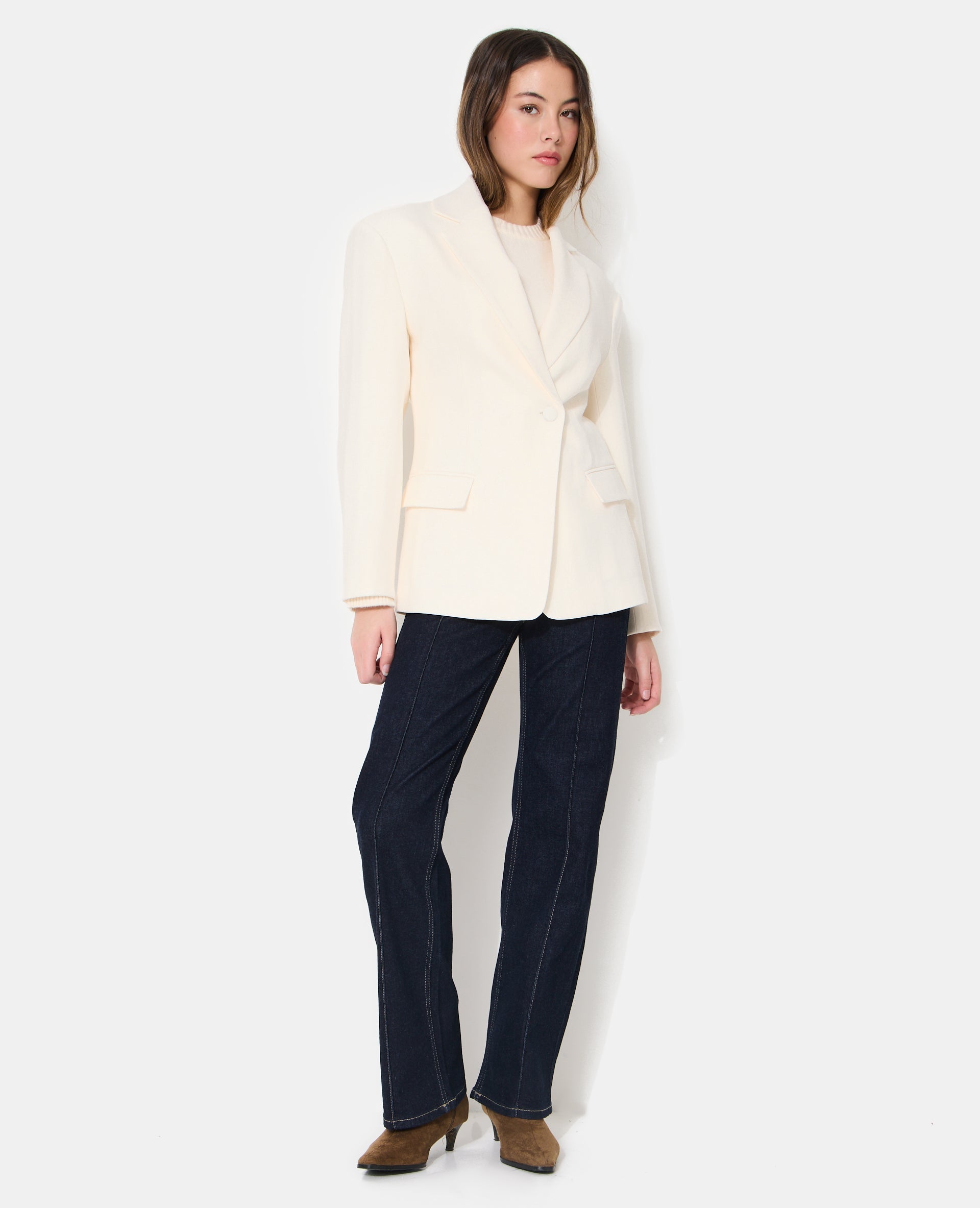 Veste blazer long et cintré en tissu effet lin