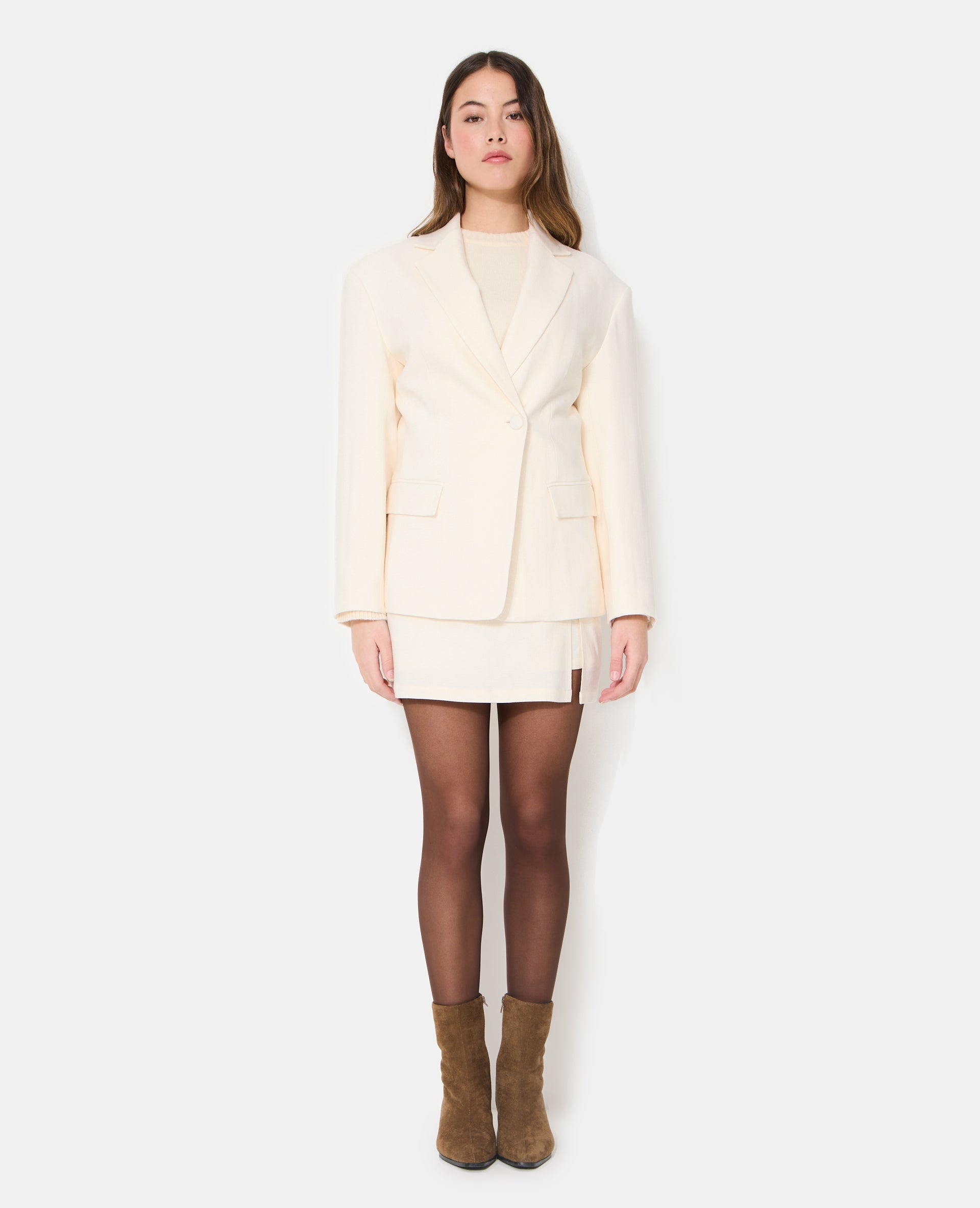 Veste blazer long et cintré en tissu effet lin