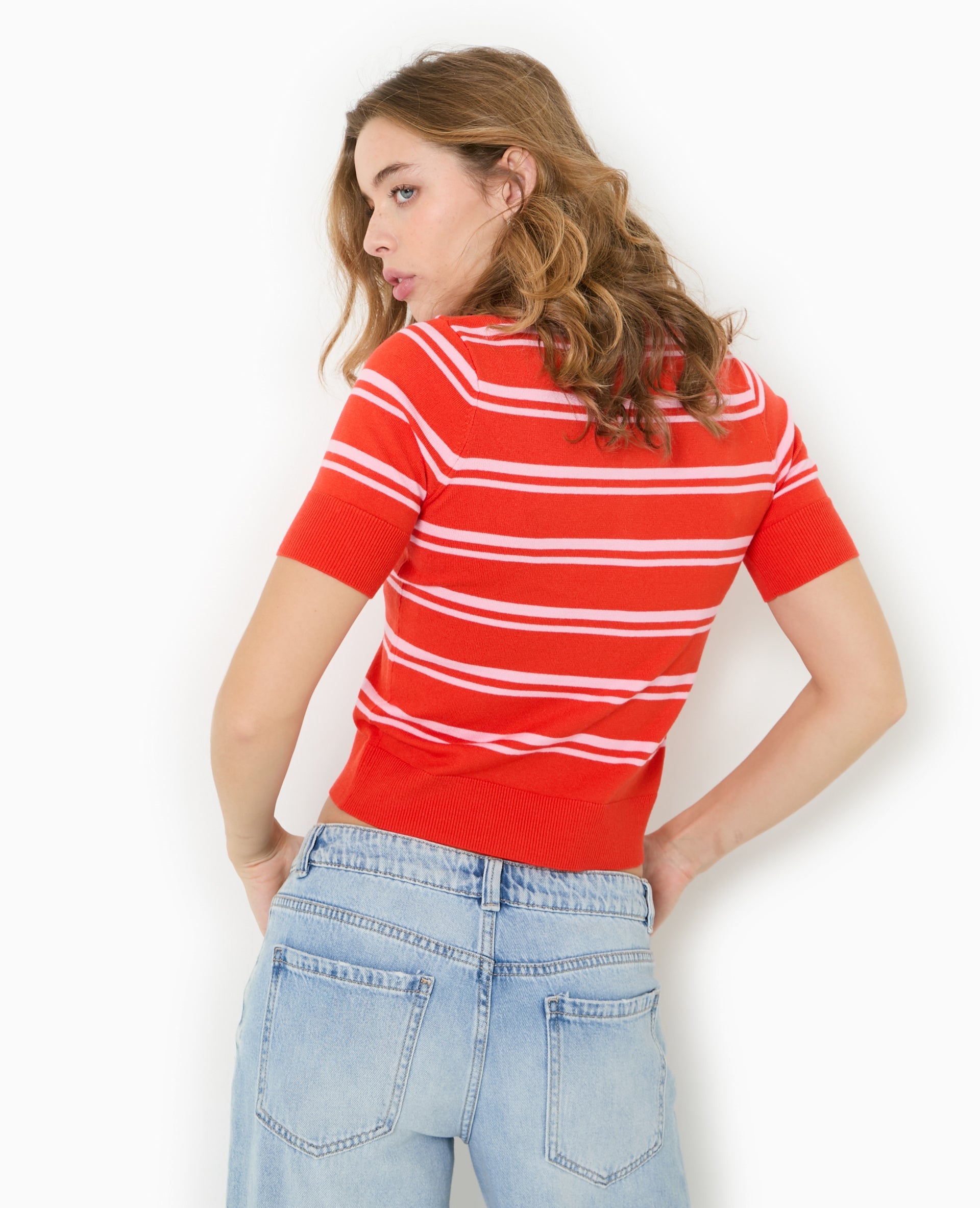 Pull manches courtes col polo motif rayures